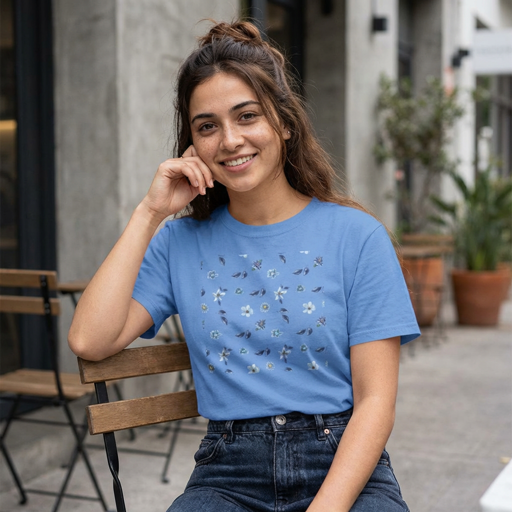 Blue Floral Square Tee — Minimal Botanical Pattern T-Shirt product thumbnail image