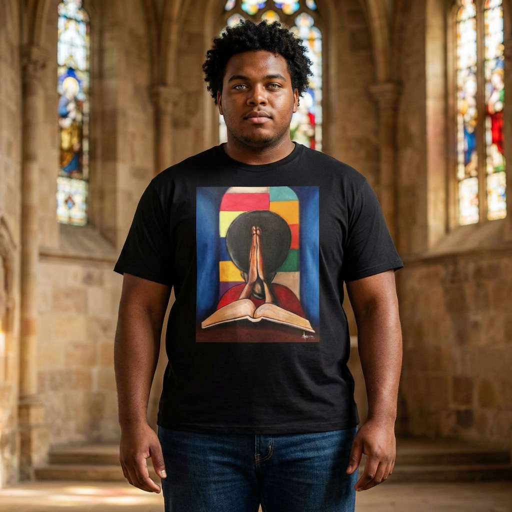 Prayer & Study Art T-Shirt — Black Woman Praying Over Bible Graphic Tee product thumbnail image Prayer & Study Art T-Shirt — Black Woman Praying Over Bible Graphic Tee product thumbnail image