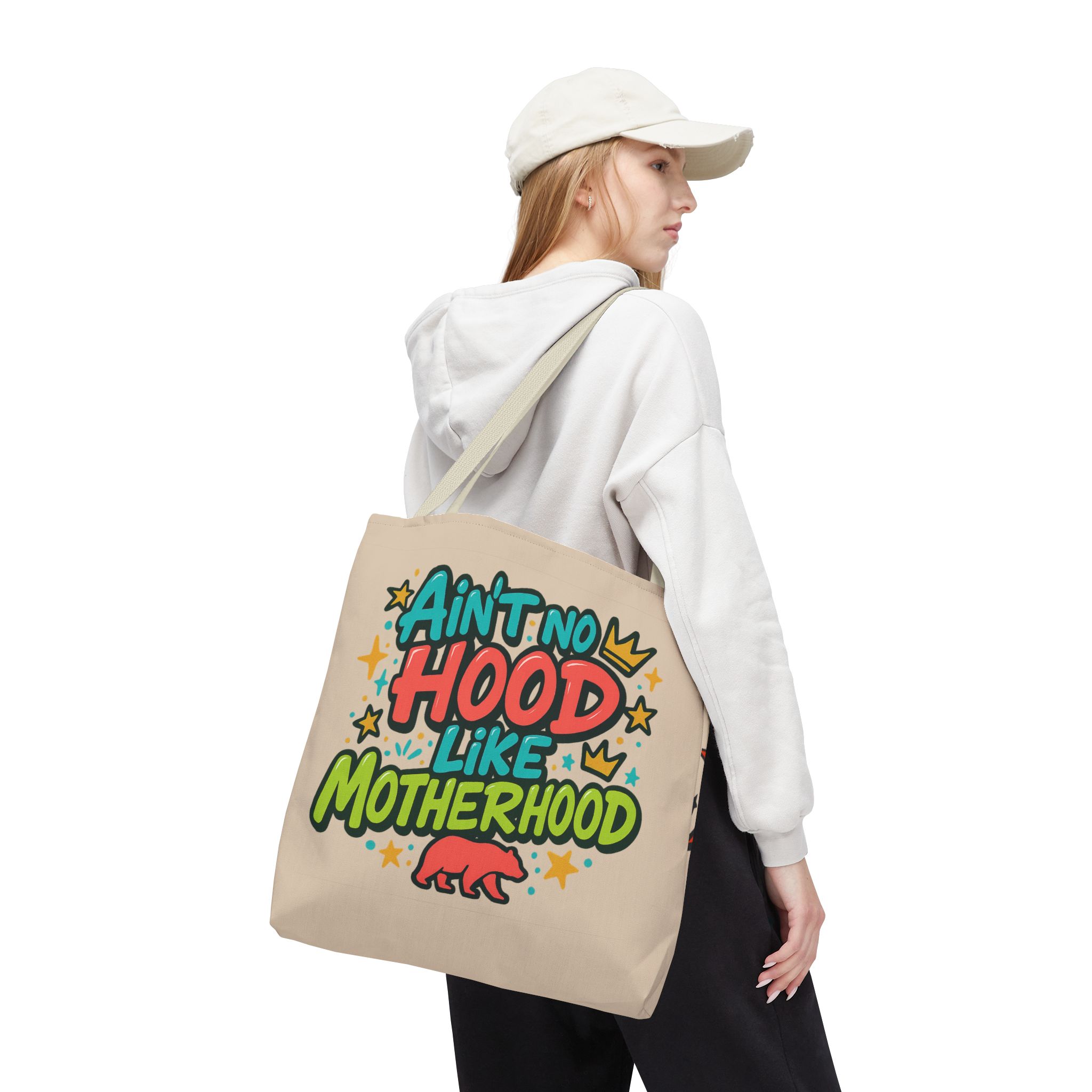 Tote Bag - "Ain't No Hood Like Motherhood" / Super Mom Graphic Tote — Funny Mother's Day Gift product thumbnail image