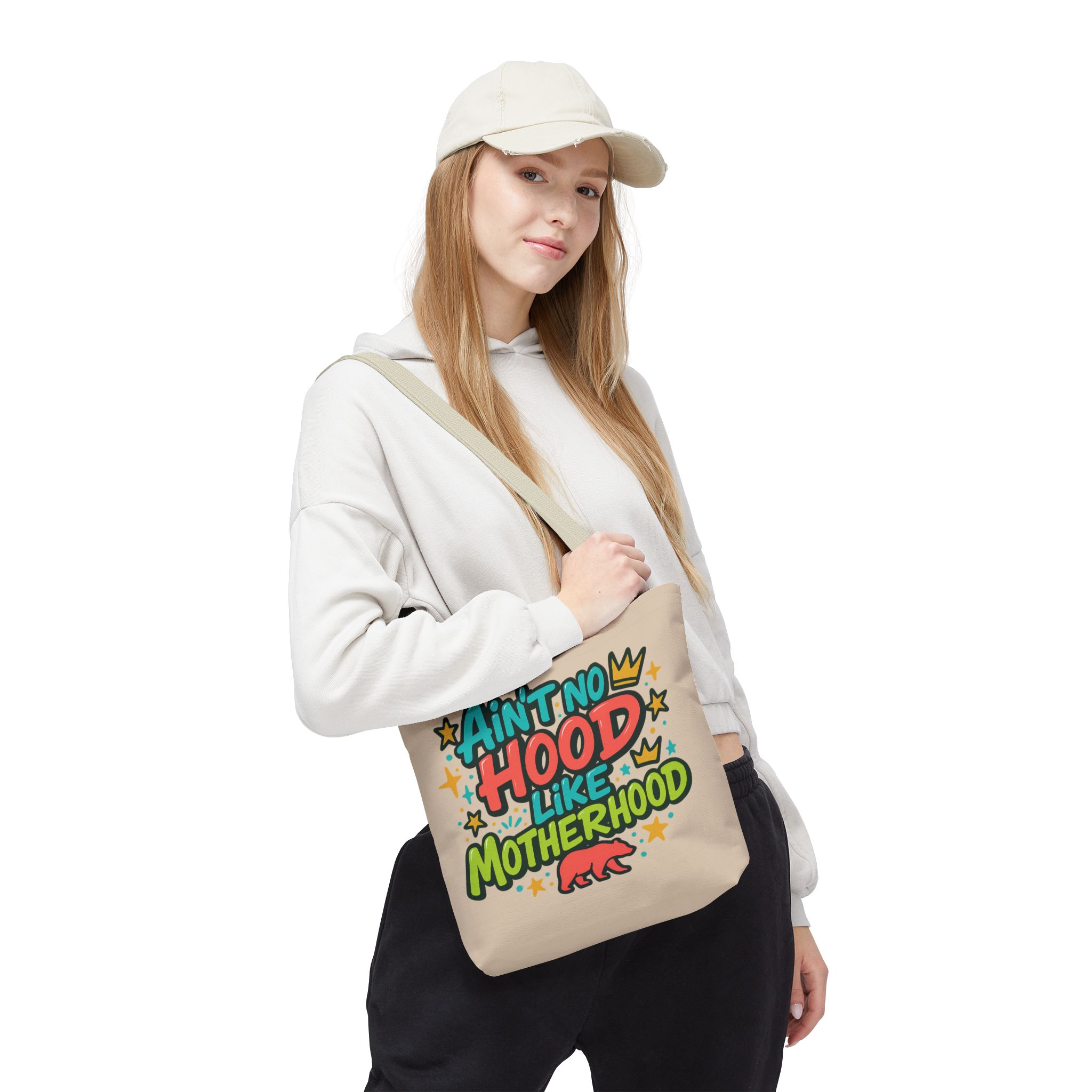 Tote Bag - "Ain't No Hood Like Motherhood" / Super Mom Graphic Tote — Funny Mother's Day Gift product thumbnail image Tote Bag - "Ain't No Hood Like Motherhood" / Super Mom Graphic Tote — Funny Mother's Day Gift product thumbnail image