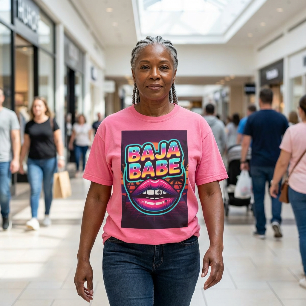 Baja Babe Graphic T-Shirt — Neon Retro Lip Design