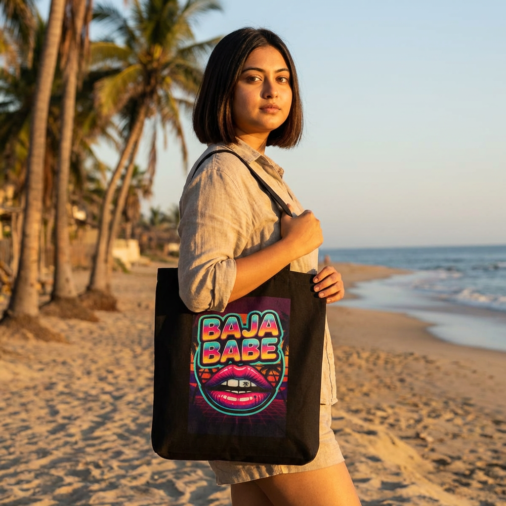 Baja Babe Tote Bag — Retro Neon Beach Canvas Tote product thumbnail image Baja Babe Tote Bag — Retro Neon Beach Canvas Tote product thumbnail image