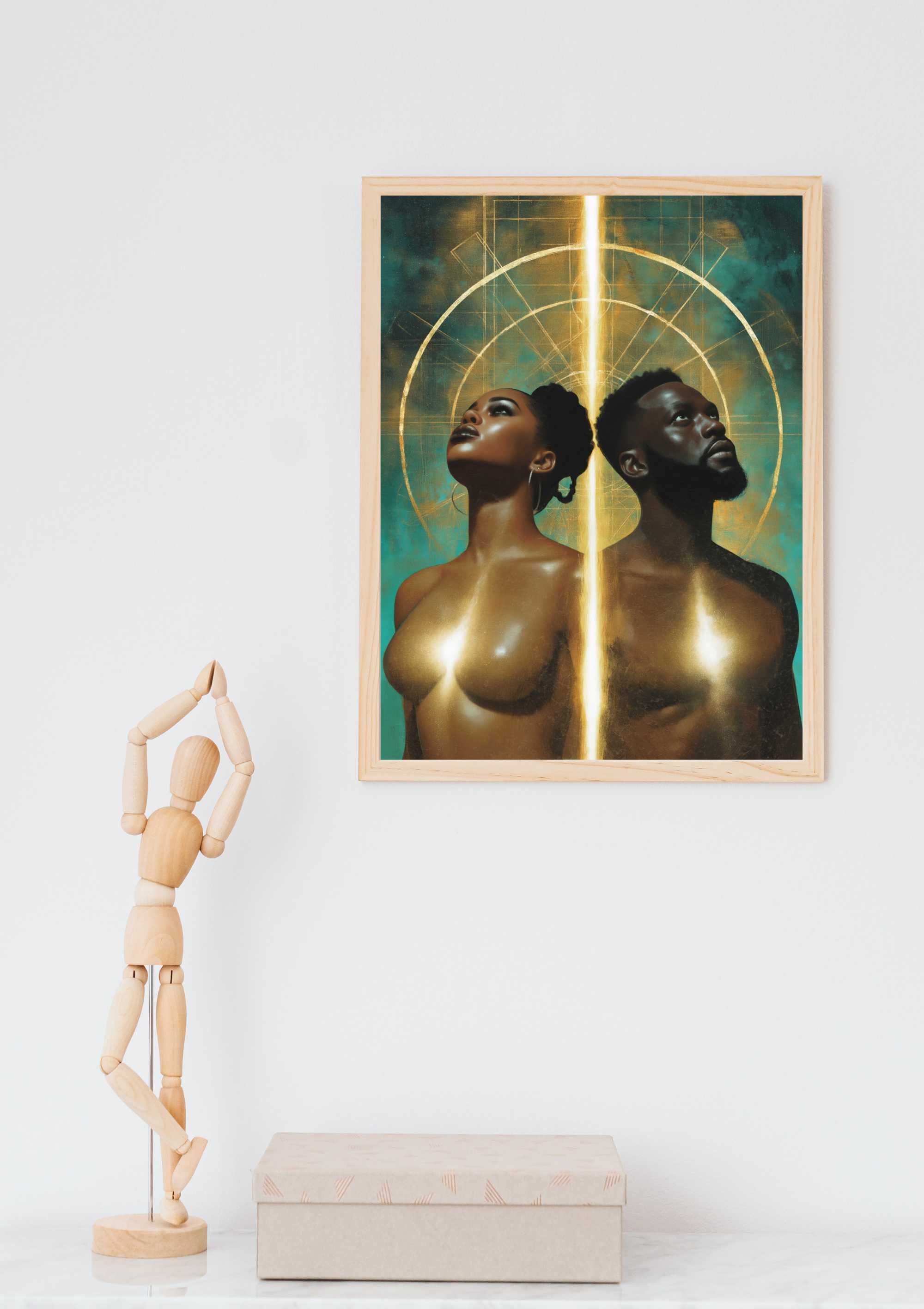 Framed Vertical Poster — Golden Halo Couple Portrait, Afrocentric Fine Art Print product thumbnail image Framed Vertical Poster — Golden Halo Couple Portrait, Afrocentric Fine Art Print product thumbnail image