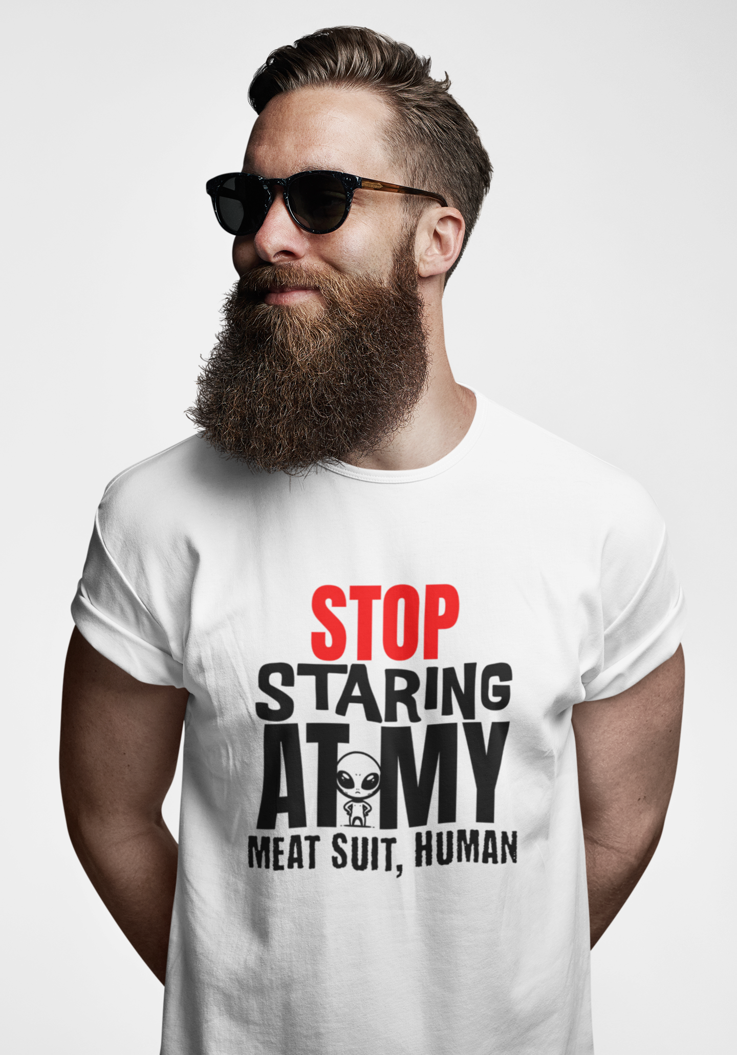 Stop Staring At My Meat Suit Tee — Funny Alien Graphic T-Shirt product thumbnail image Stop Staring At My Meat Suit Tee — Funny Alien Graphic T-Shirt product thumbnail image