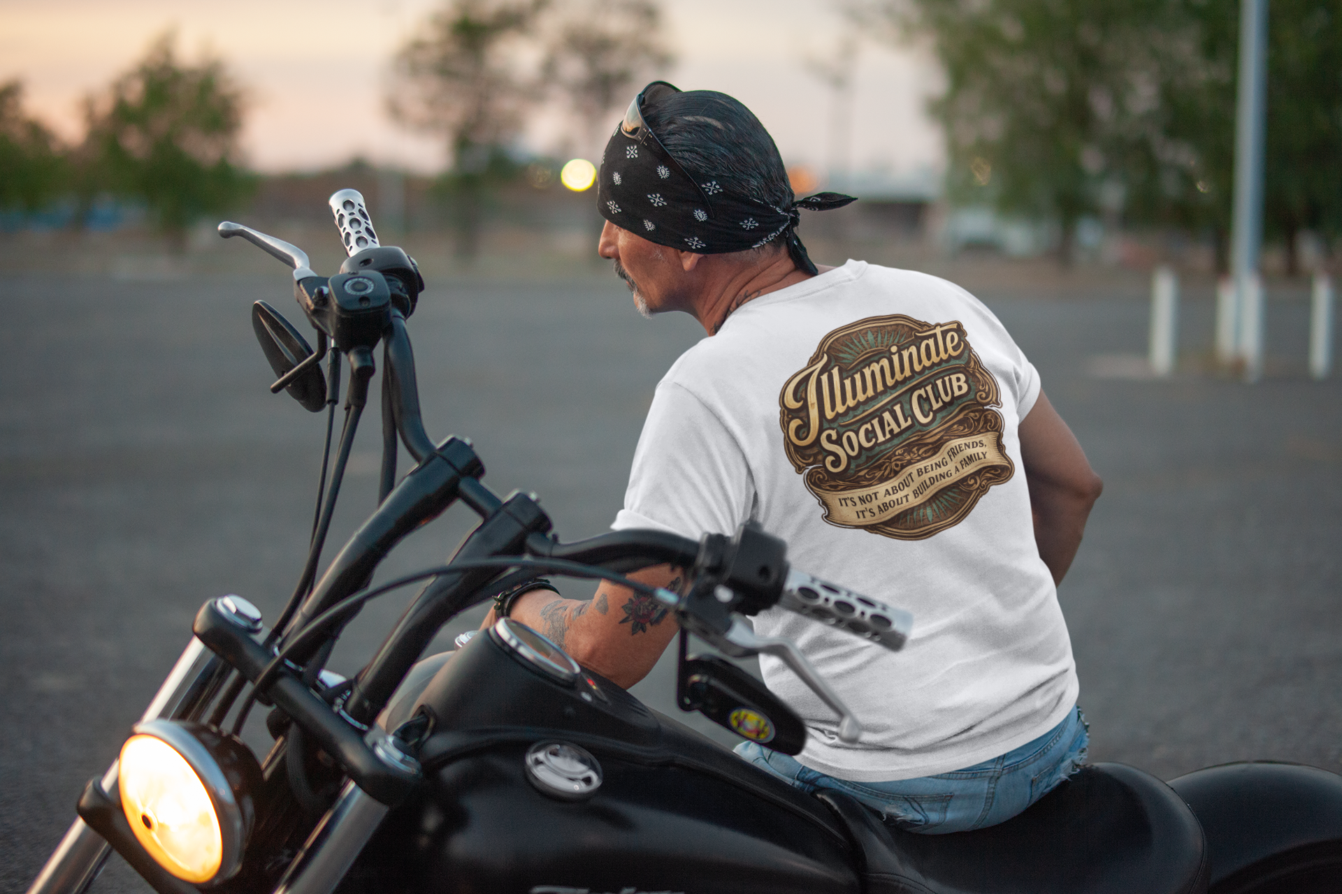 Illuminate Social Club Tee — "Illuminate Social Club" Vintage Badge Chest &amp; Back Graphic