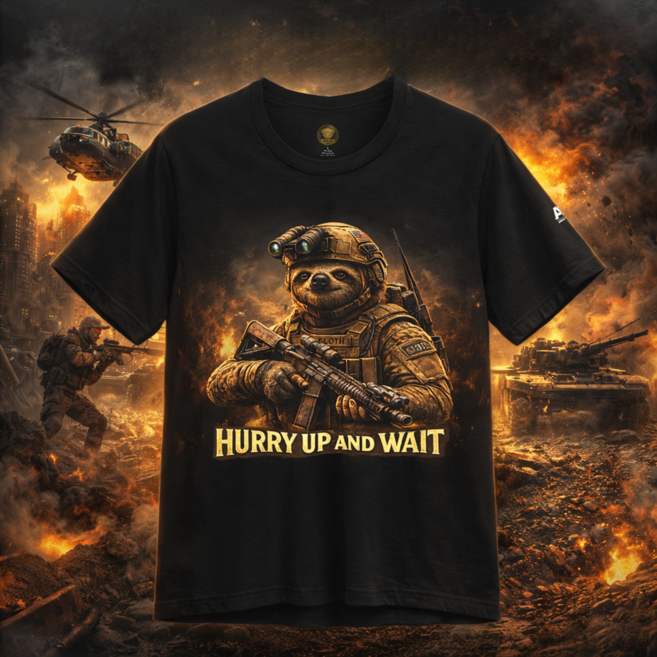 T-Shirt — 'Hurry Up and Wait' Military Sloth Graphic Tee - Patriotic apparel from Above Ground Gear