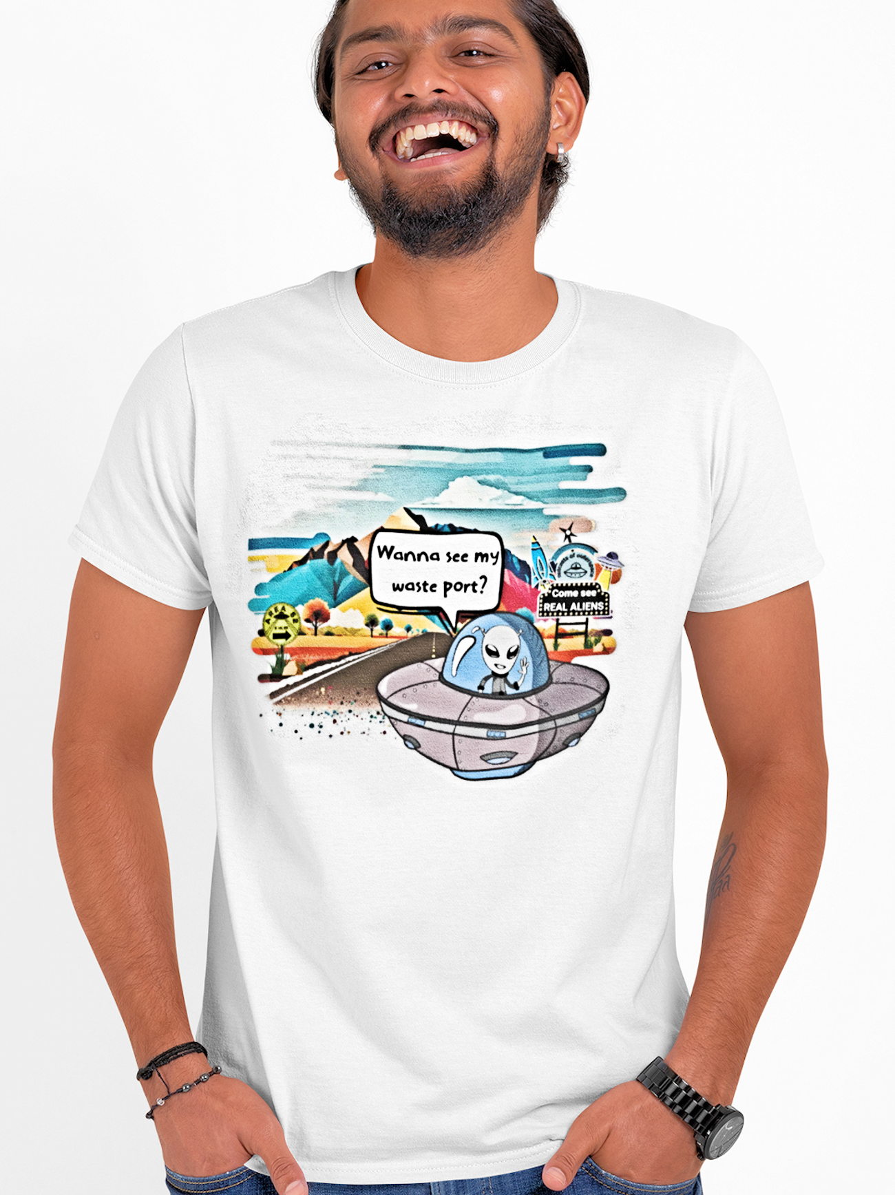 Alien UFO Tee — "Wanna see my waste port?" Funny Sci‑Fi Graphic T-Shirt product thumbnail image Alien UFO Tee — "Wanna see my waste port?" Funny Sci‑Fi Graphic T-Shirt product thumbnail image