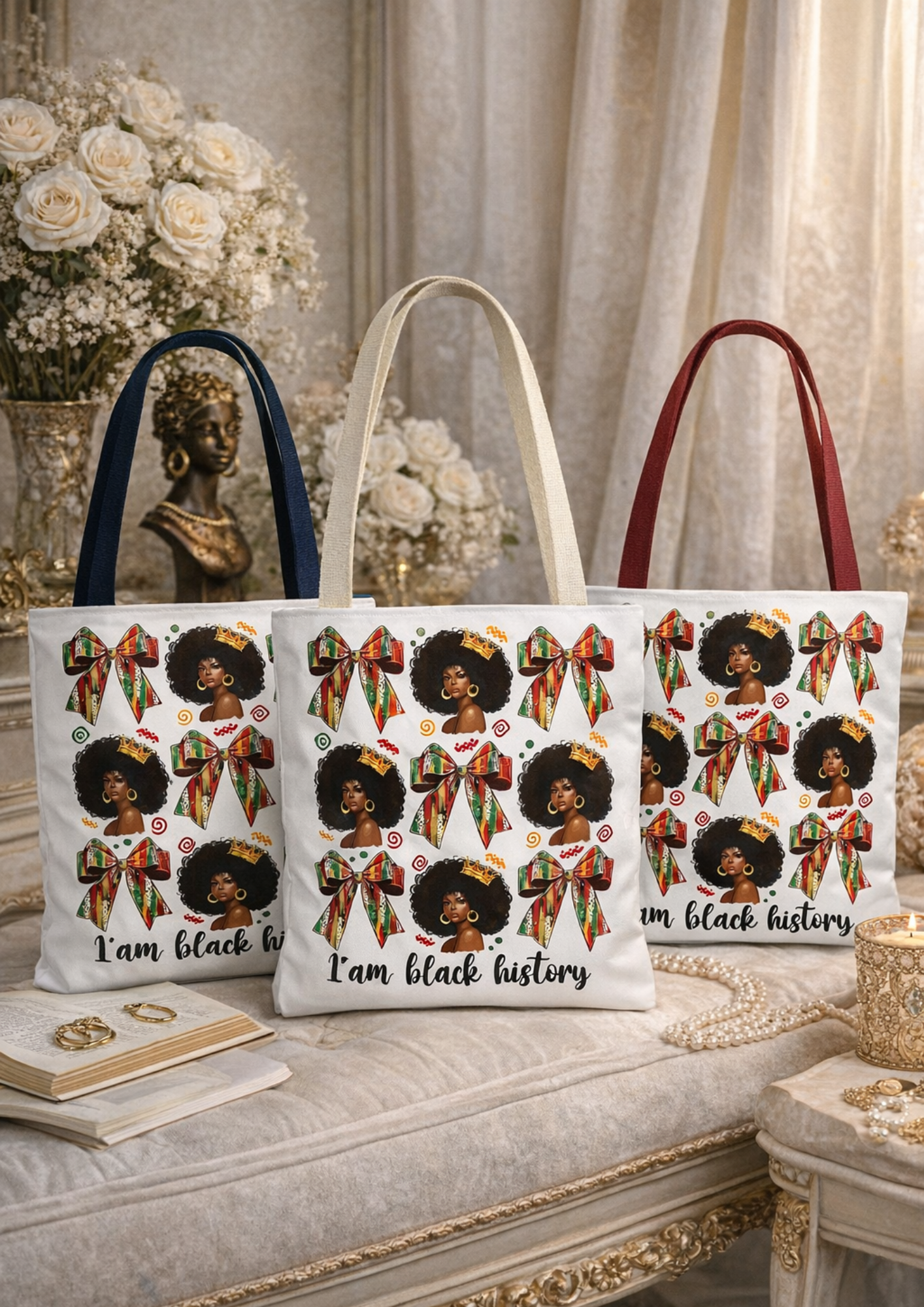 I Am Black History Afro Woman Tote Bag — Kente Bow Patterned AOP Shopping Bag product thumbnail image