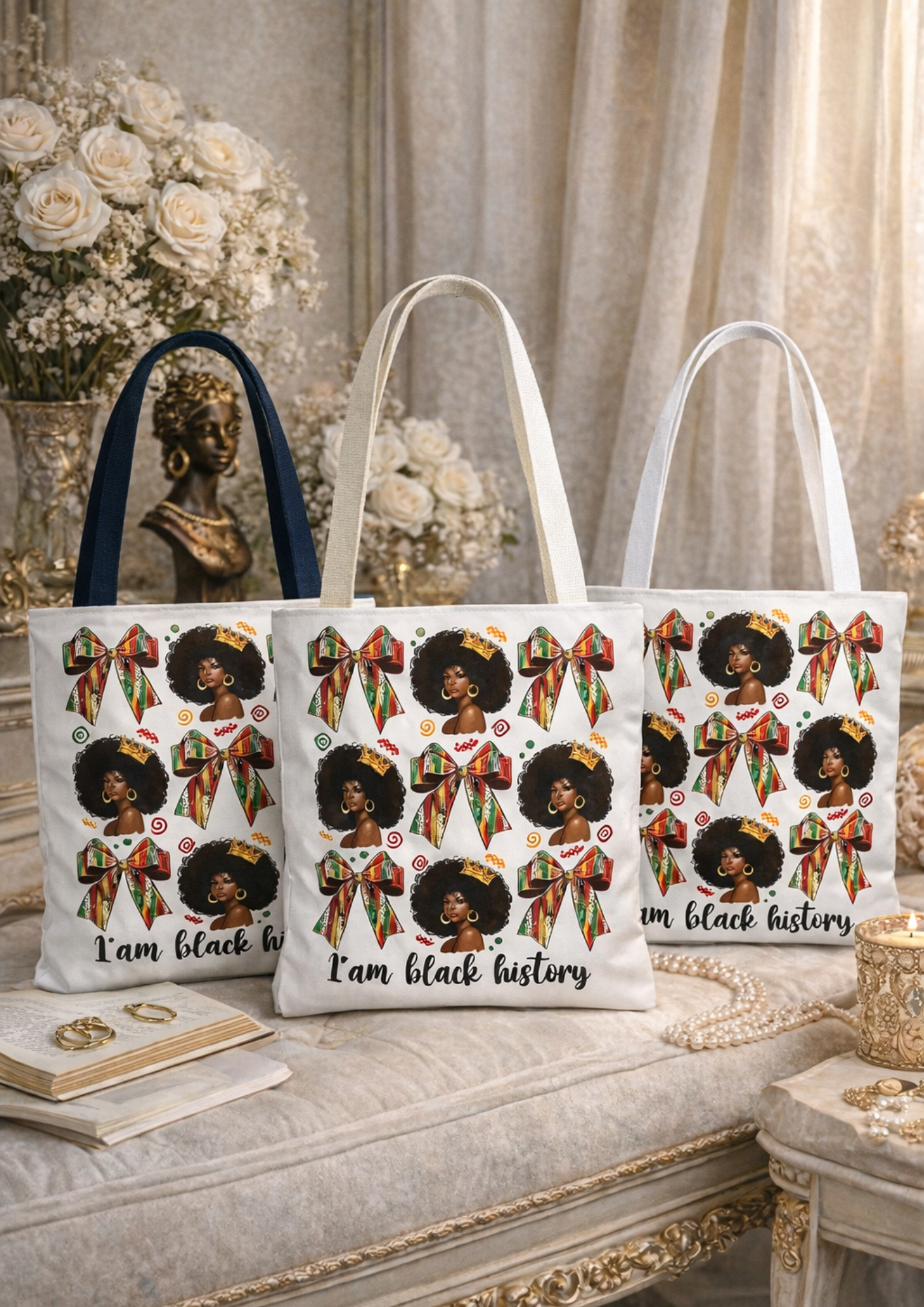 I Am Black History Afro Woman Tote Bag — Kente Bow Patterned AOP Shopping Bag product thumbnail image