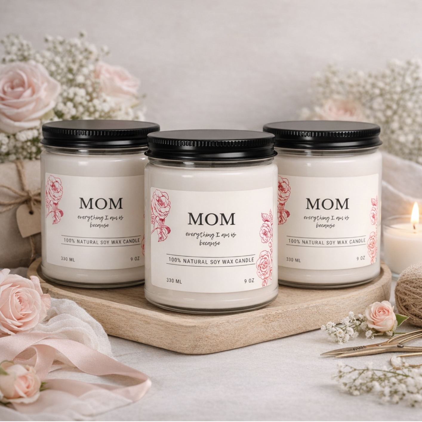 Soy Candle — "MOM everything I am is because" Floral 9oz Scented Gift product thumbnail image