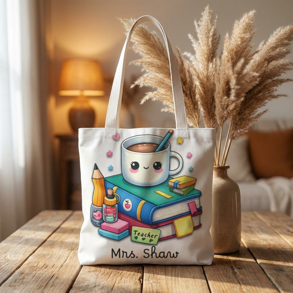 Teacher Tote Bag — Cute Kawaii Books and Coffee Design, Personalized