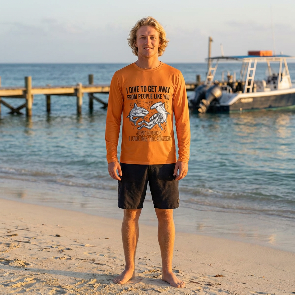 Rash guard Diving shirt. I dive to get away from people. product thumbnail image Rash guard Diving shirt. I dive to get away from people. product thumbnail image