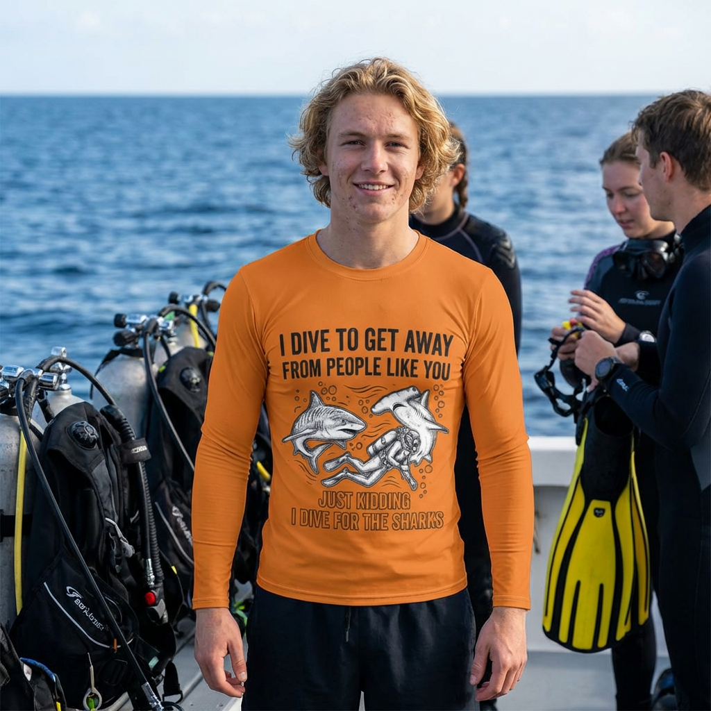Rash guard Diving shirt. I dive to get away from people. product thumbnail image Rash guard Diving shirt. I dive to get away from people. product thumbnail image