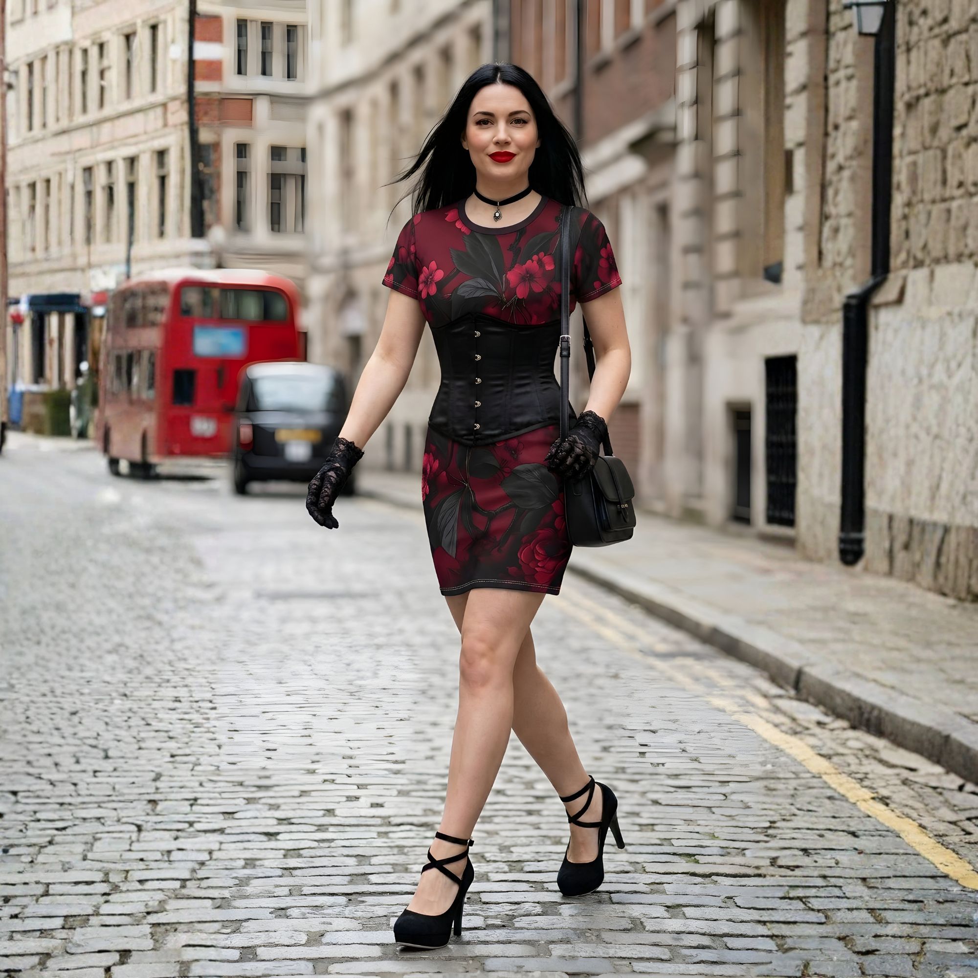 Black Cherry Floral Velvet Heat T-Shirt Dress