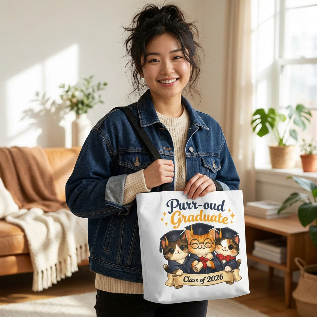 Graduation Tote — “Purr-oud Graduate” Class of 2026 Cat Tote Bag