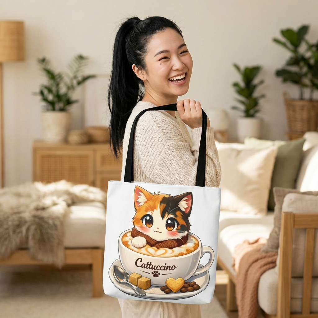 Cattuccino Tote Bag — Cute Cat in Coffee Cup All-Over Print Tote product thumbnail image Cattuccino Tote Bag — Cute Cat in Coffee Cup All-Over Print Tote product thumbnail image