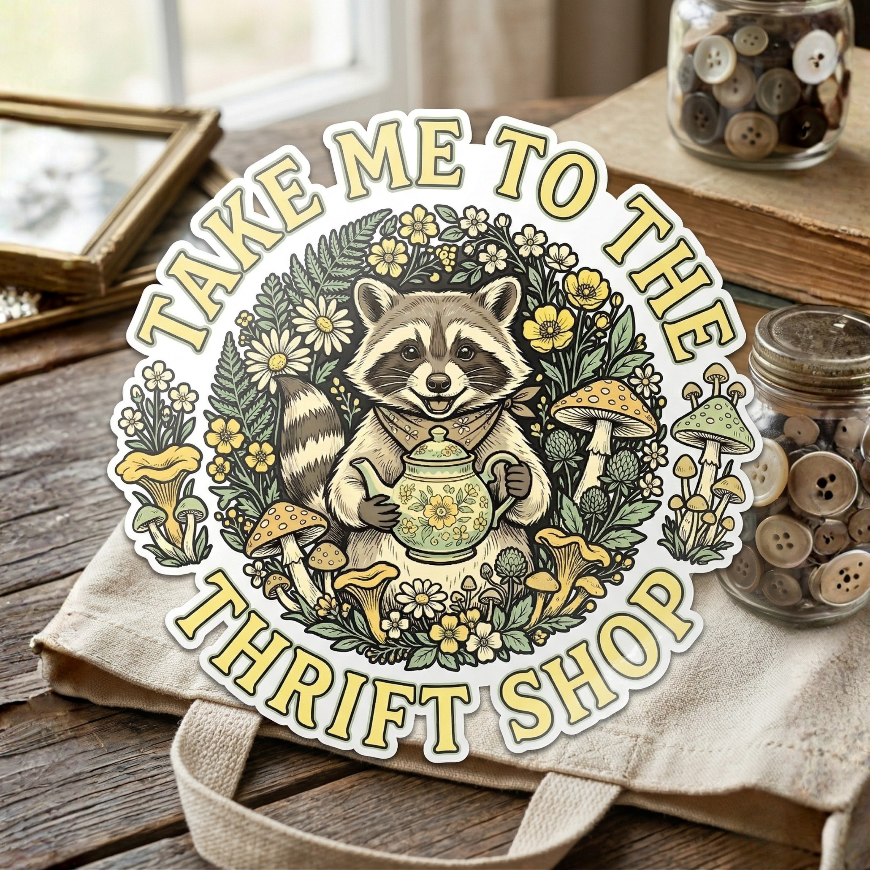 Take Me To The Thrift Shop Vintage Raccoon Cottagecore Aesthetic Graphic, Kiss-Cut Stickers