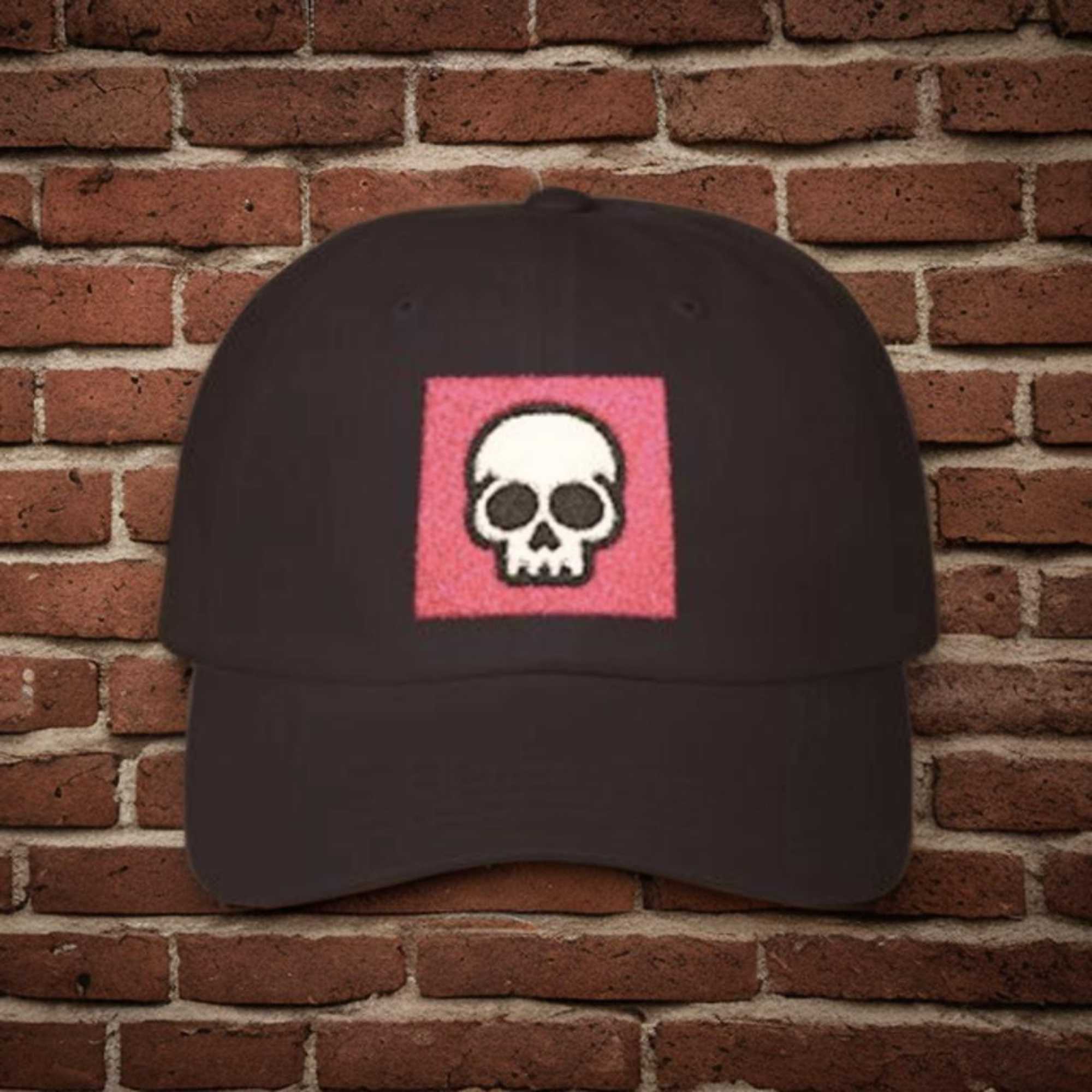 Skull Patch Dad Cap - Pink Square Embroidered Skull Baseball Hat product thumbnail image Skull Patch Dad Cap - Pink Square Embroidered Skull Baseball Hat product thumbnail image