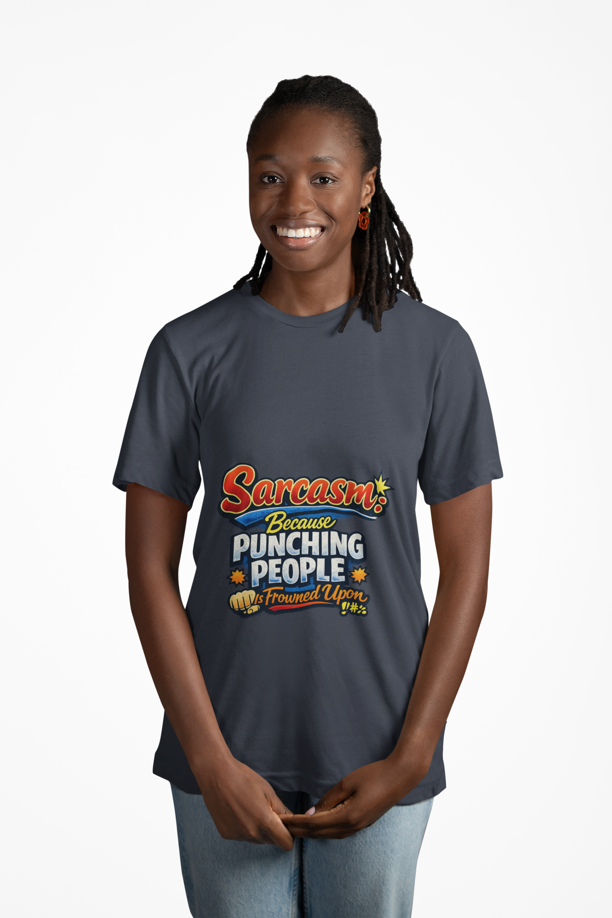 Unisex "Sarcasm Tee: Because Punching People Was frowned upon" product thumbnail image Unisex "Sarcasm Tee: Because Punching People Was frowned upon" product thumbnail image