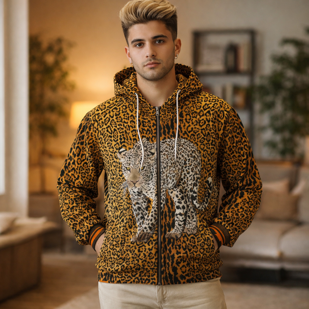 Leopard Print Zip Hoodie — Wild Cat All-Over Graphic Jacket product thumbnail image Leopard Print Zip Hoodie — Wild Cat All-Over Graphic Jacket product thumbnail image