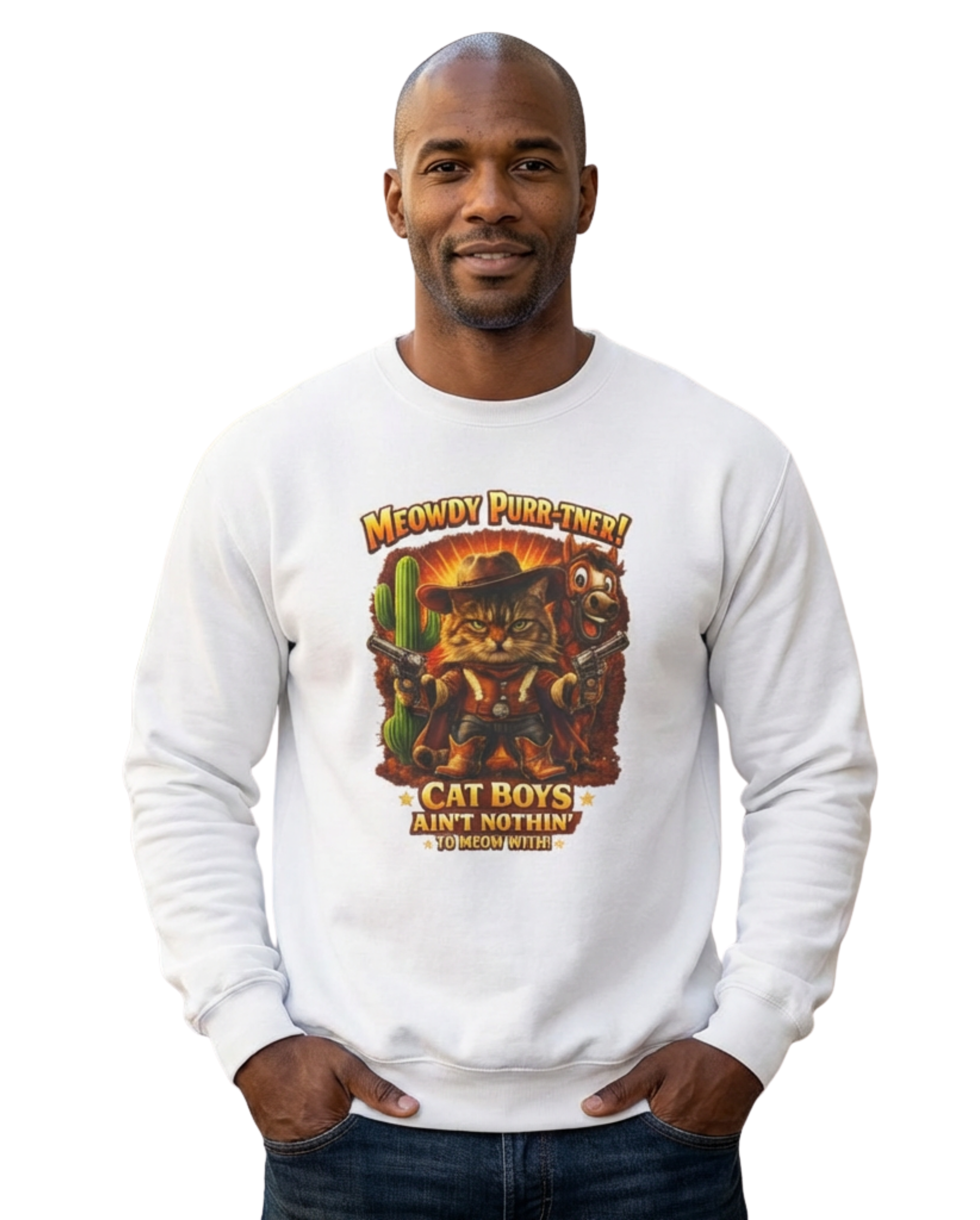 Cowboy Cat illustration Sweatshirt, Tabby Sheriff Western Graphic Design, Crewneck Funny Pet Lovers Gift, Unisex Pullover