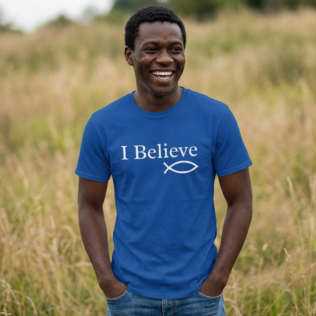 I Believe Ichthys Christian T-Shirt | Mission Verse Back product thumbnail image
