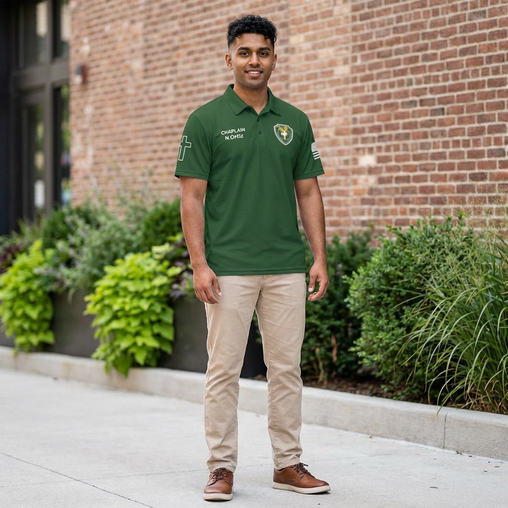 Chaplain Polo Shirt — Hunter Green Faith Emblem Polo with Cross &amp; American Flag  product thumbnail image