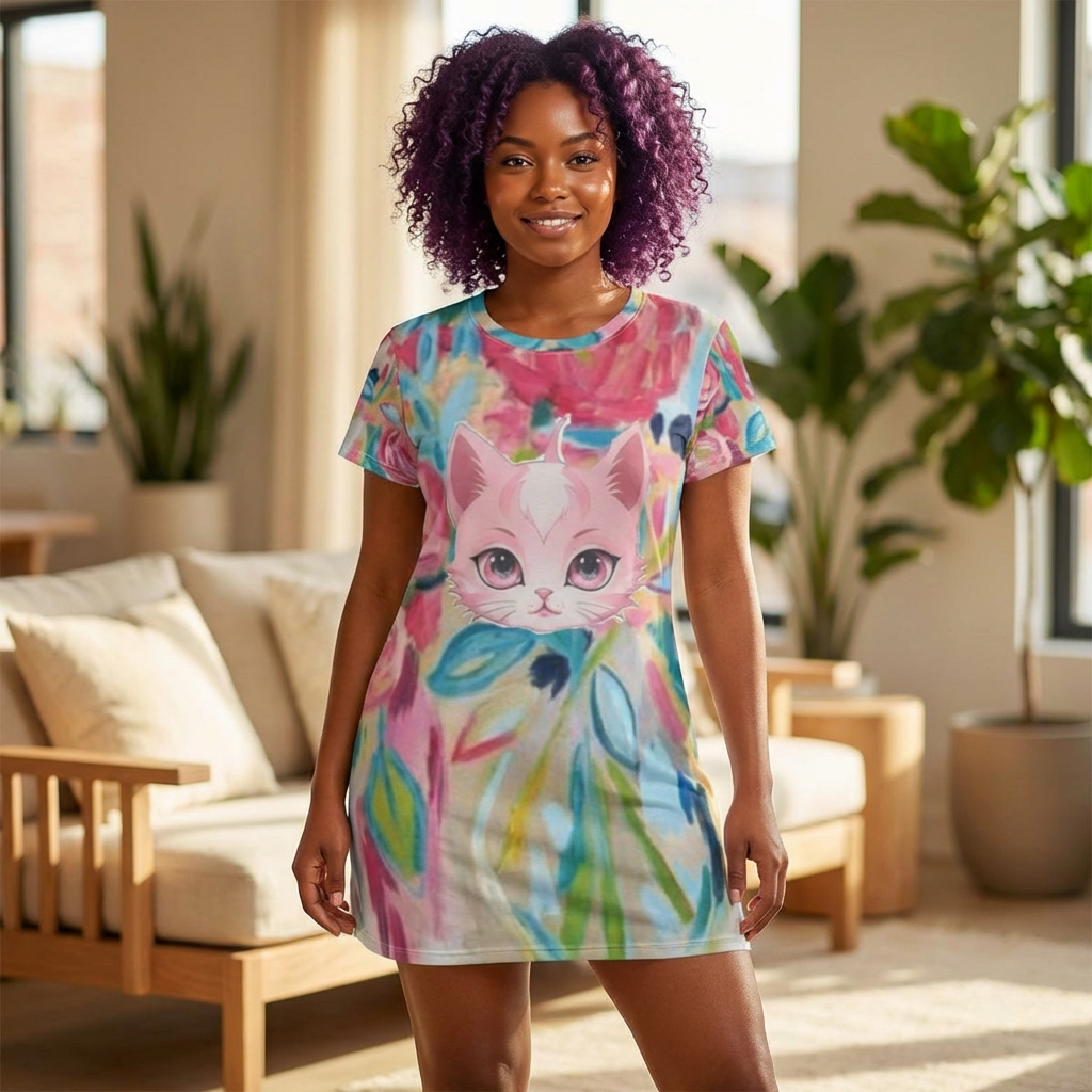 Floral Pink Kitty T-Shirt Dress — Cute Cat Dress, for that sexy lady product thumbnail image