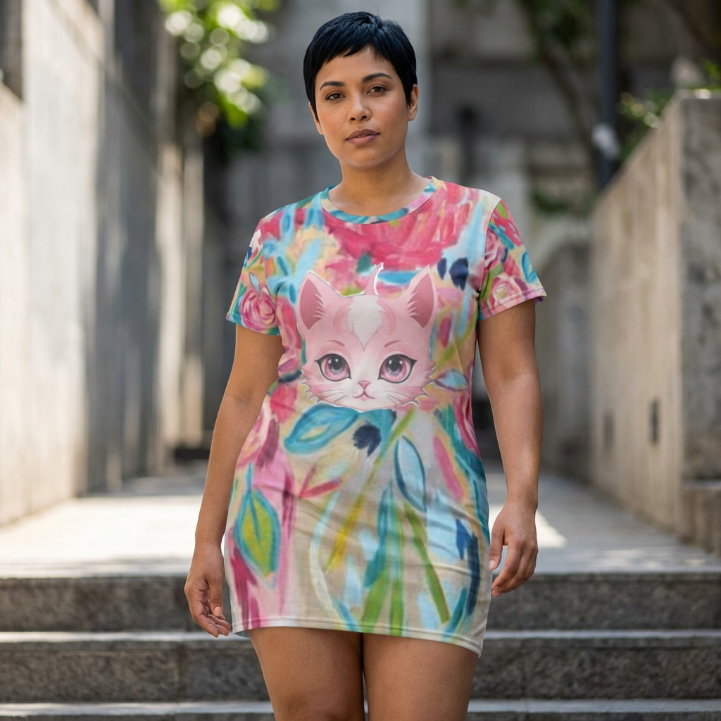 Floral Pink Kitty T-Shirt Dress — Cute Cat Dress, for that sexy lady