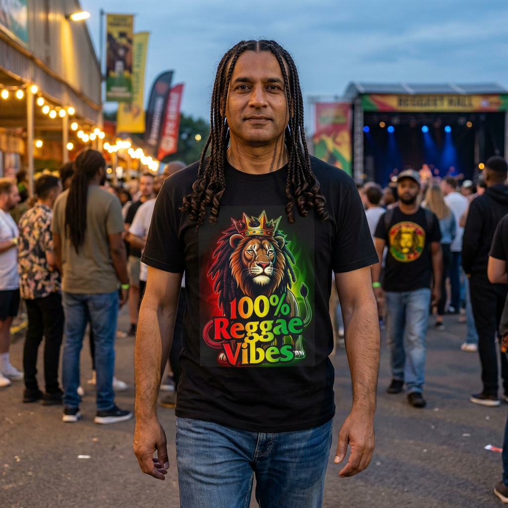 Reggae Lion of Judah T-Shirt - "100% Reggae Vibes" Rasta Crown Tee
