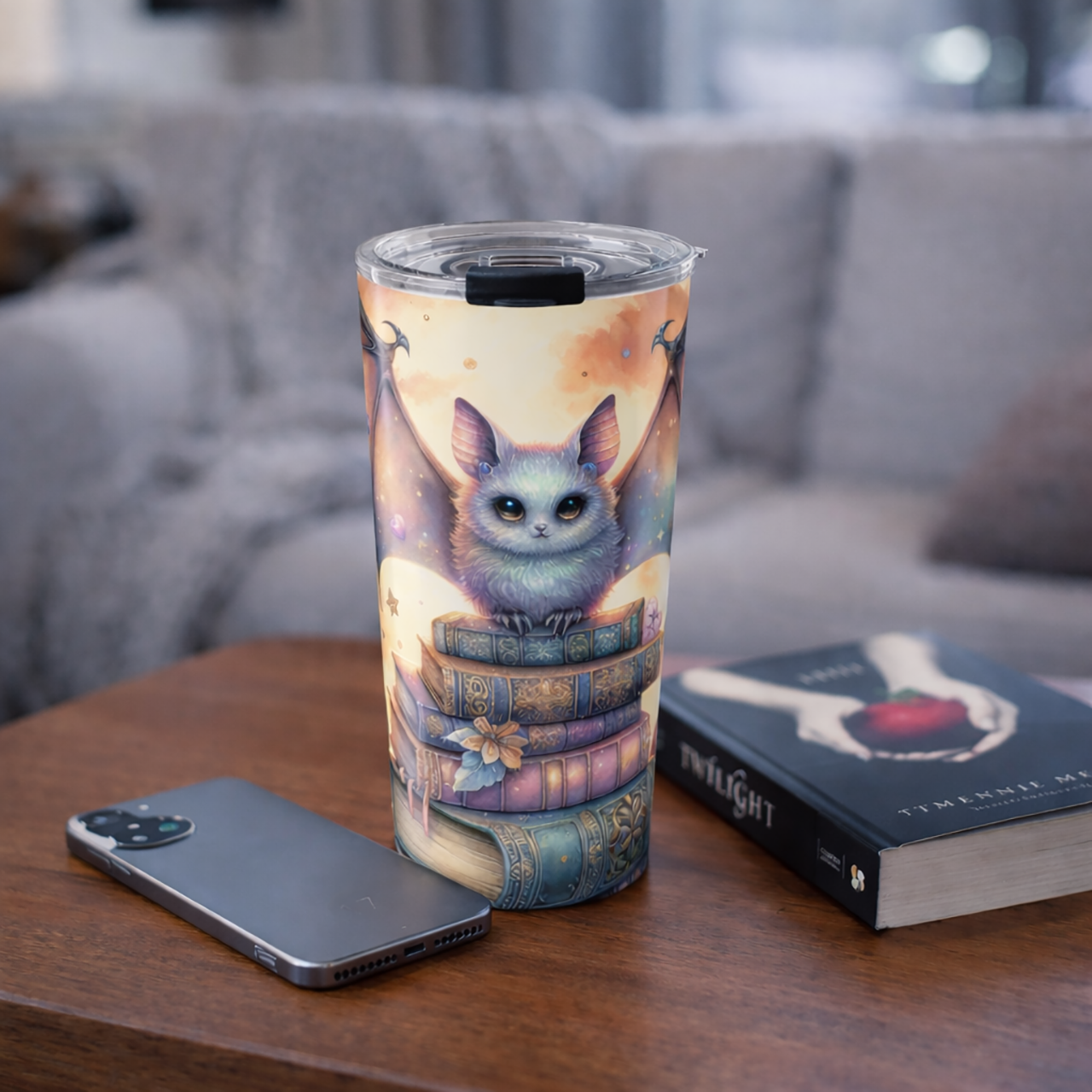 Bookish Bat Tumbler – Fantasy Travel Mug for Book Lovers &amp; Witchy Aesthetic | Unique Halloween Drinkware Gift product thumbnail image