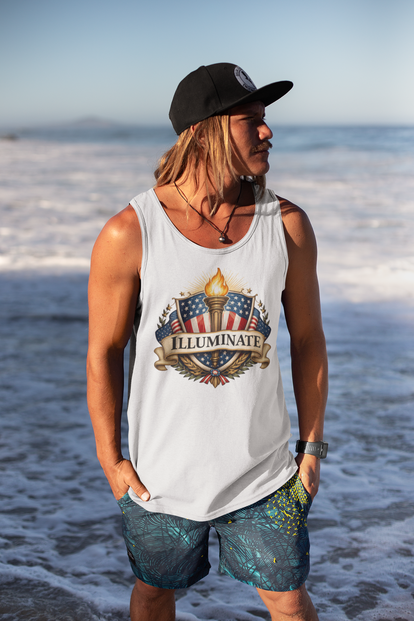 Illuminated Shield Tank Top — "ILLUMINATE" Torch &amp; Stars Graphic Tank