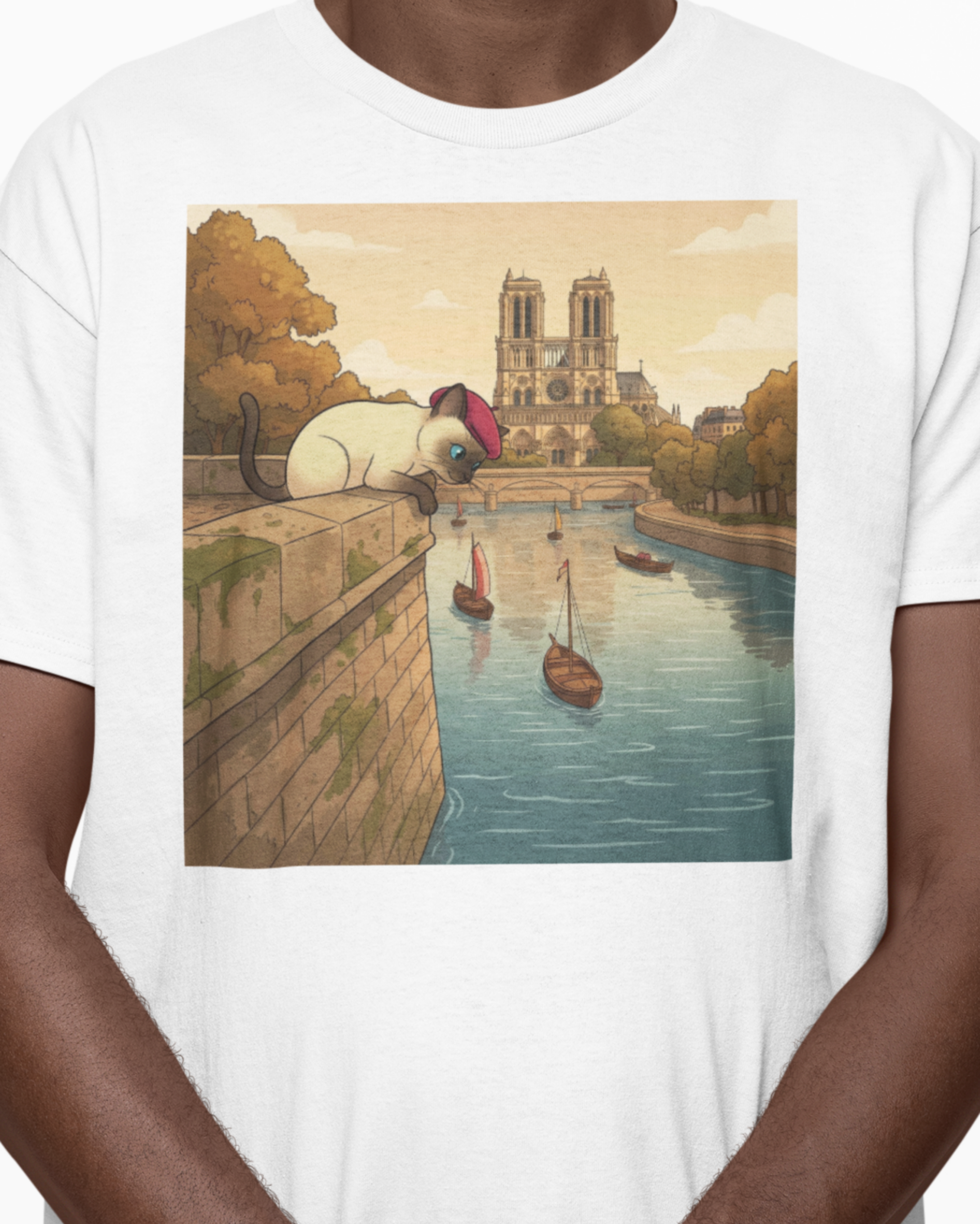 Siamese Cat Nostalgic Paris Siene River Scene | Comfort Colors Adult Unisex Graphic Tee | Cat Lovers Notre-Dame Sketch with Sunset Canoes product thumbnail image
