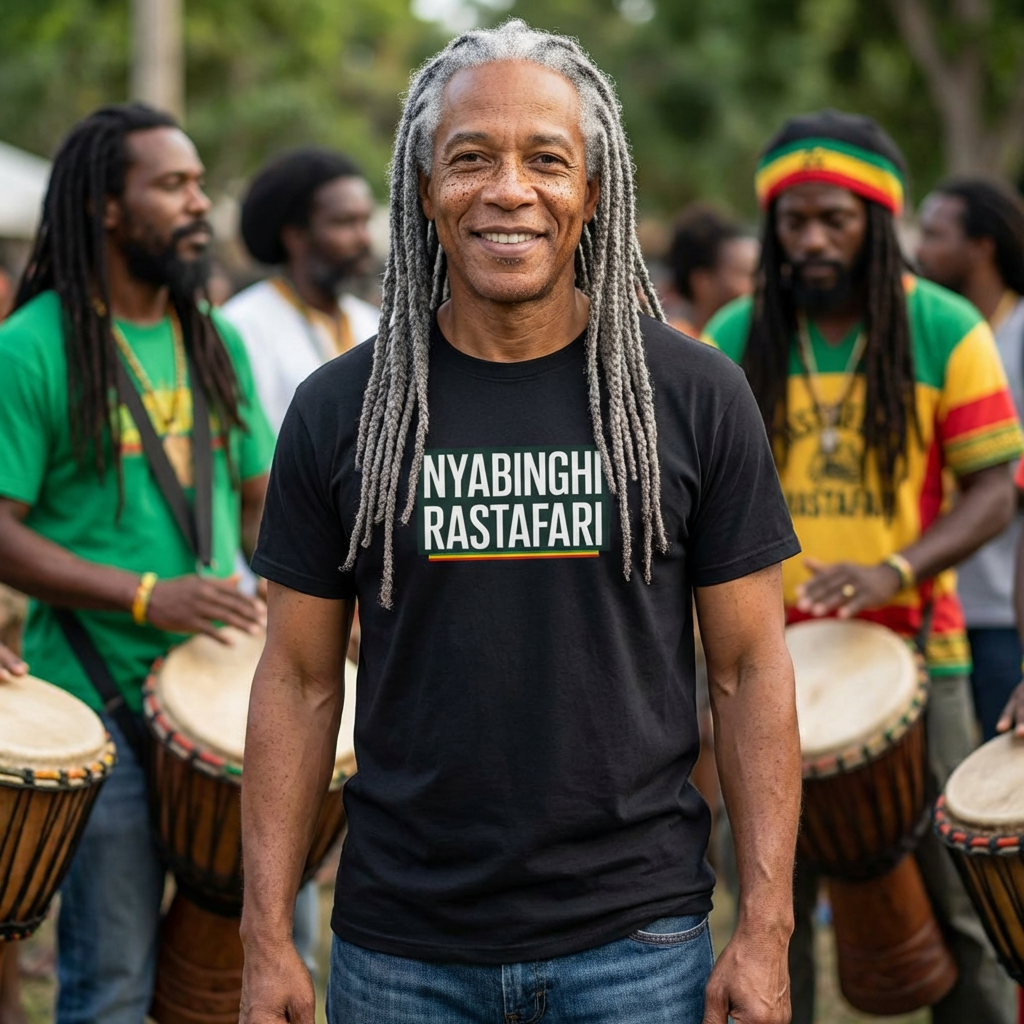 Nyabinghi, Text Tee with Rasta Stripe product thumbnail image Nyabinghi, Text Tee with Rasta Stripe product thumbnail image