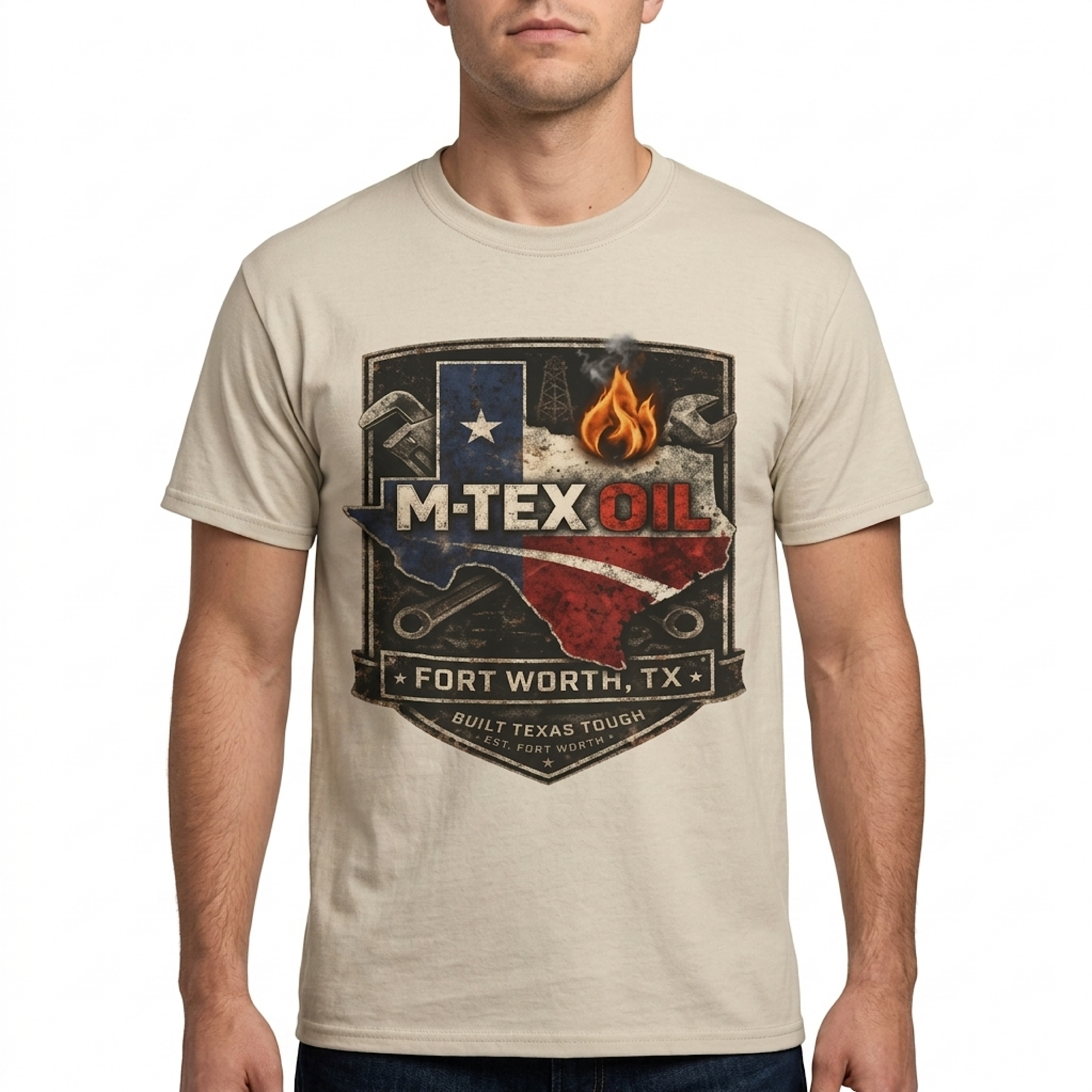M-Tex Oil Company Landman Shirt – Fort Worth Texas Oilfield T-Shirt – Roughneck Patch Oil Rig Graphic Patch Merch Tee