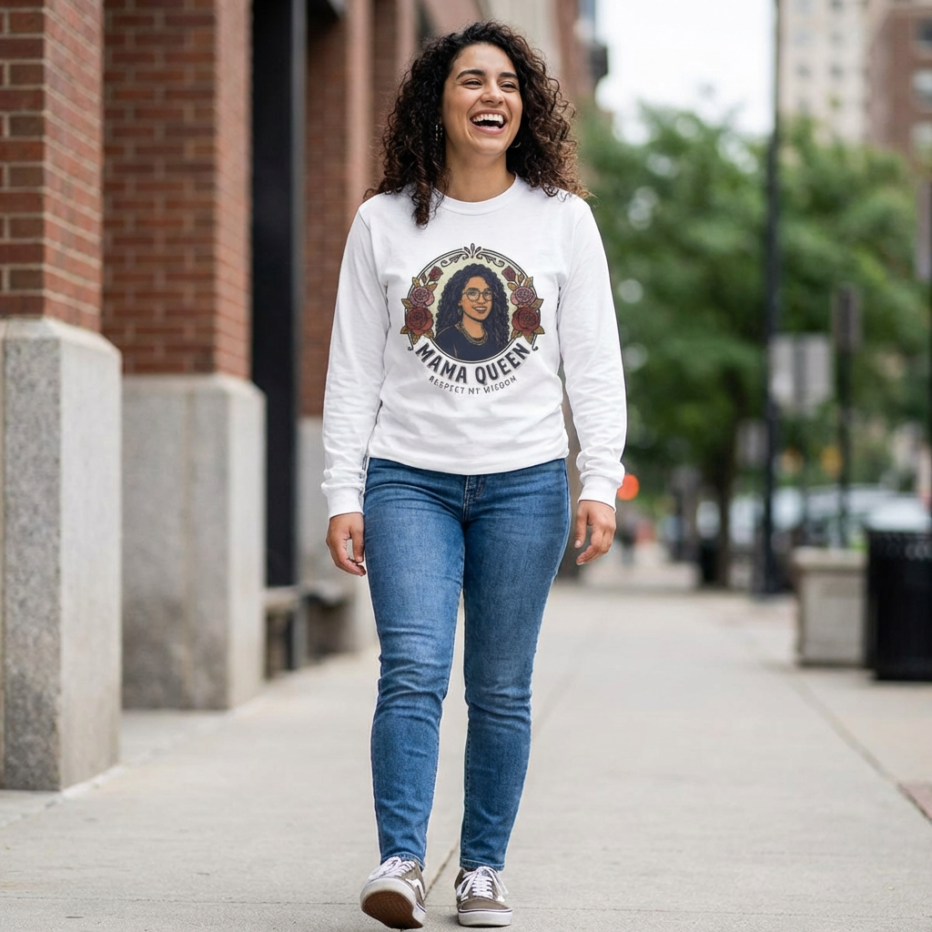 Latina Mama Queen Long Sleeve Tee — "Respect My Wisdom" Floral Portrait product thumbnail image Latina Mama Queen Long Sleeve Tee — "Respect My Wisdom" Floral Portrait product thumbnail image
