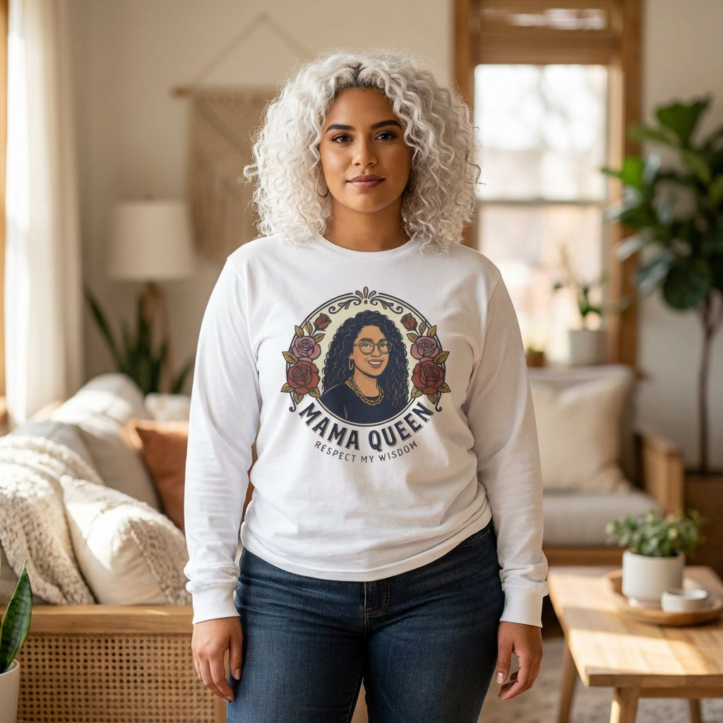 Latina Mama Queen Long Sleeve Tee — "Respect My Wisdom" Floral Portrait product thumbnail image
