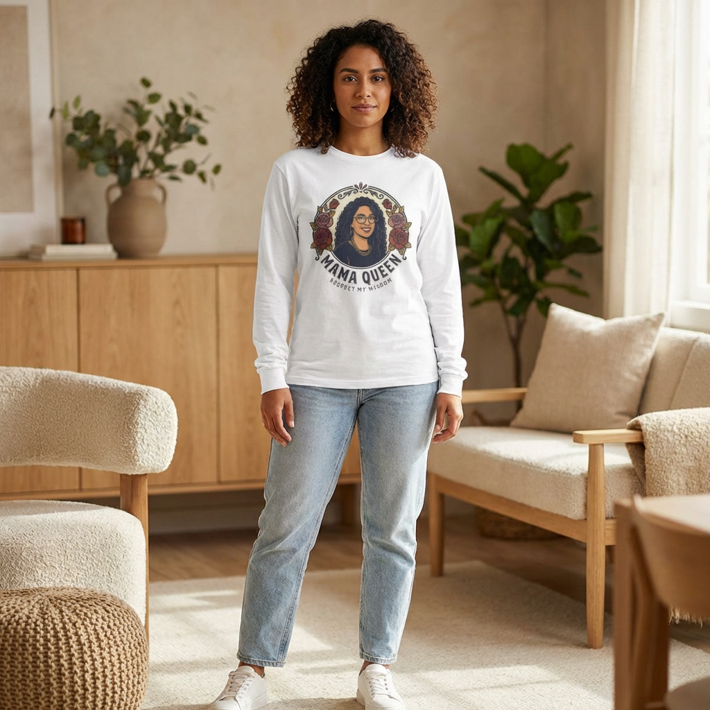 Latina Mama Queen Long Sleeve Tee — "Respect My Wisdom" Floral Portrait product thumbnail image
