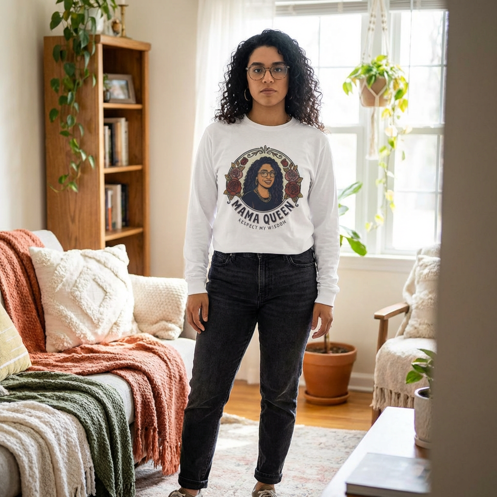 Latina Mama Queen Long Sleeve Tee — "Respect My Wisdom" Floral Portrait product thumbnail image Latina Mama Queen Long Sleeve Tee — "Respect My Wisdom" Floral Portrait product thumbnail image