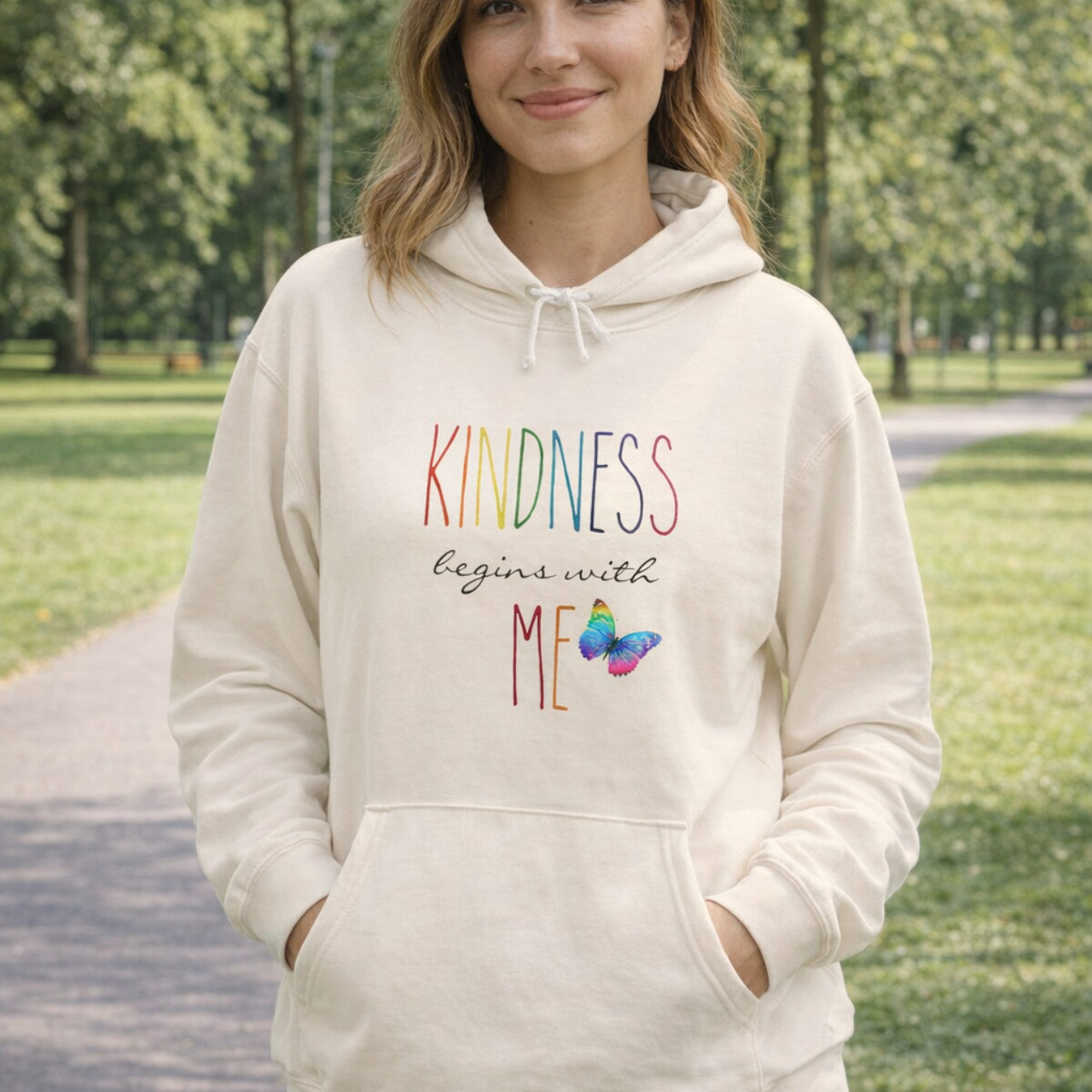 Kindness Begins With Me Hoodie – Pastel Butterfly Lightweight Sweatshirt