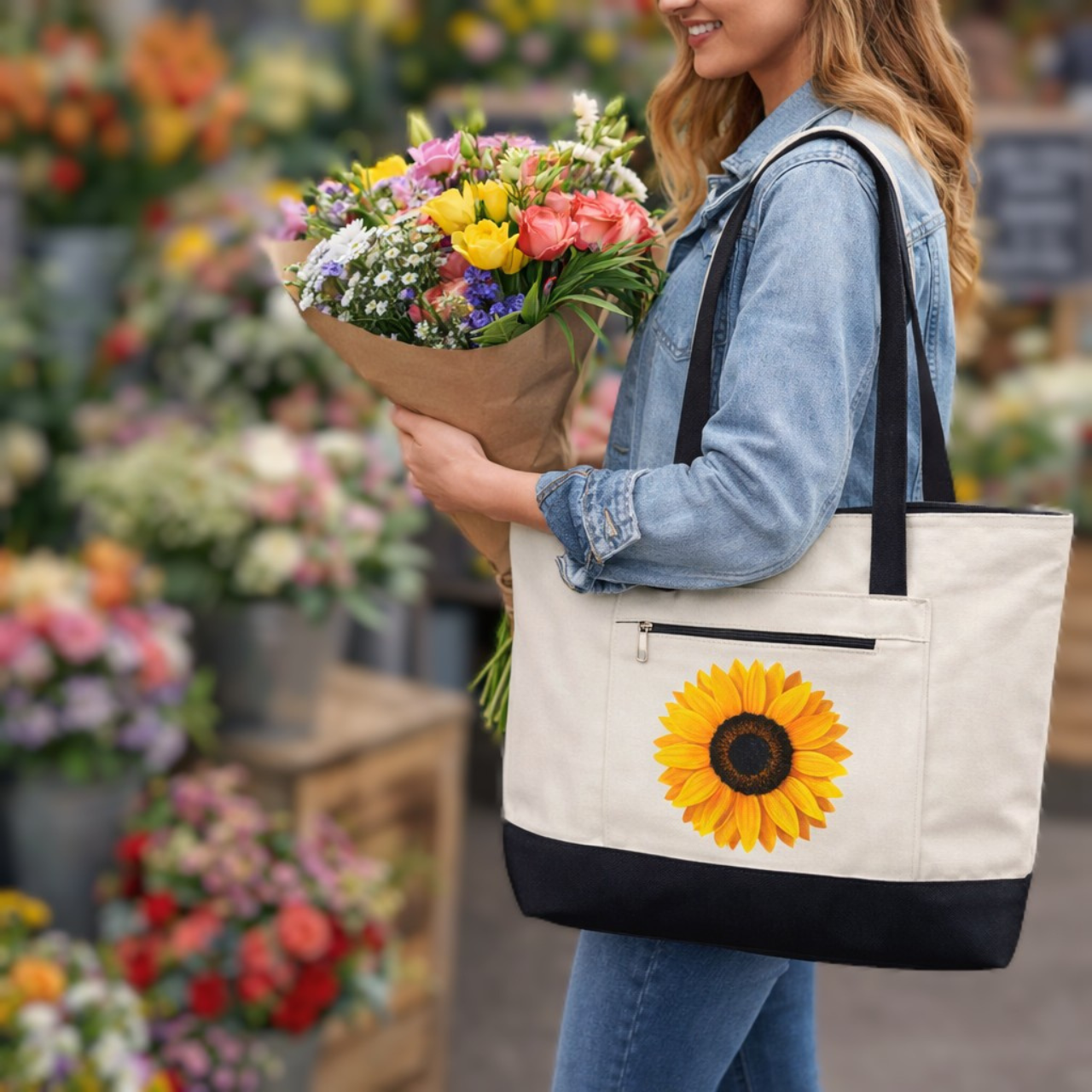 Summer Sunflower Eco Friendly Zippered Canvas Tote Bag