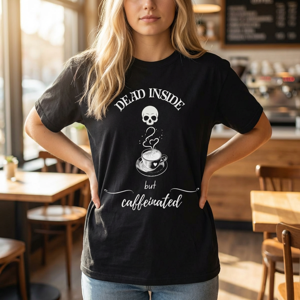 Dead Inside but Caffeinated Skull T-Shirt — 'caffeinated' Script Coffee Lover Tee product thumbnail image
