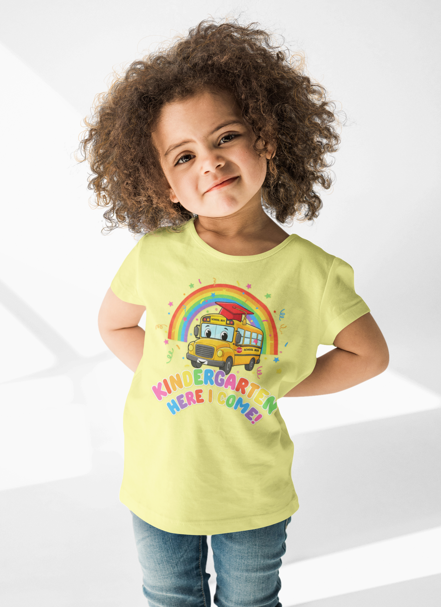 Kindergarten Here I Come Shirt Toddler Back to School Tee Preschool Graduate Outfit First Day of School Kids Rainbow Bus Shirt