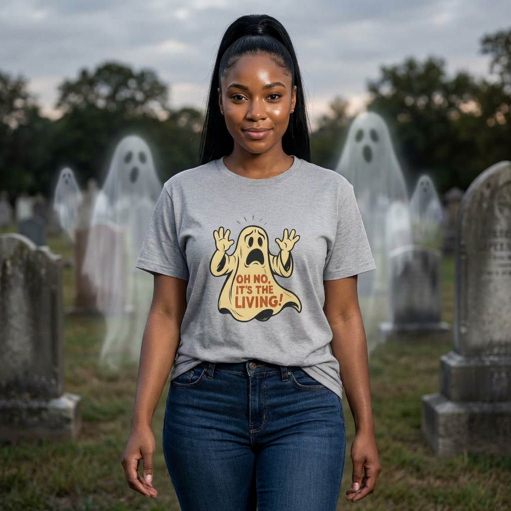 Ghost Graphic T-Shirt — “Oh No, It’s the Living!” Retro Halloween Tee