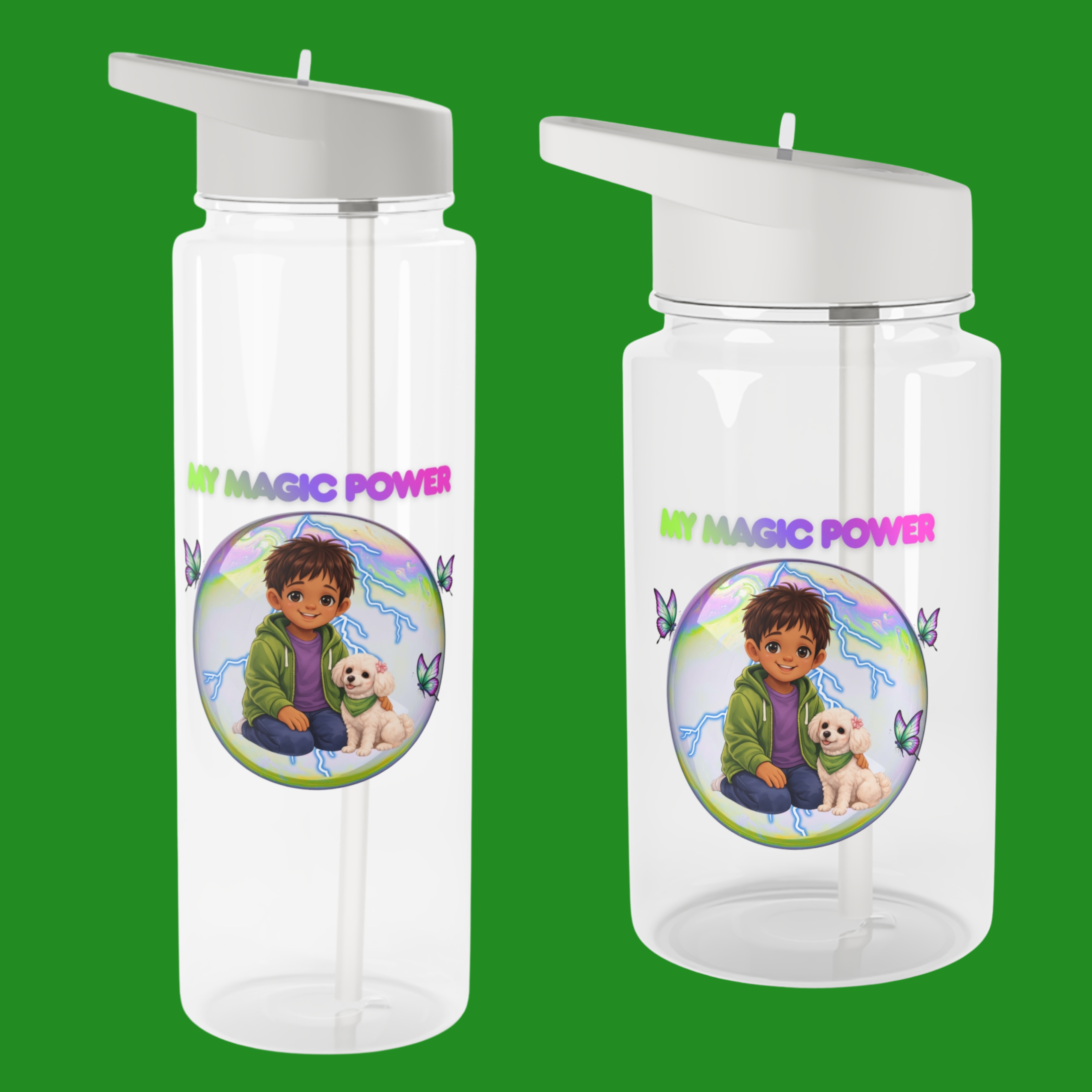 My Magic Power Tritan Water Bottle – Kids’ Clear Boy &amp; Puppy Hydration Bottle with Lightning Aura Artwork product thumbnail image