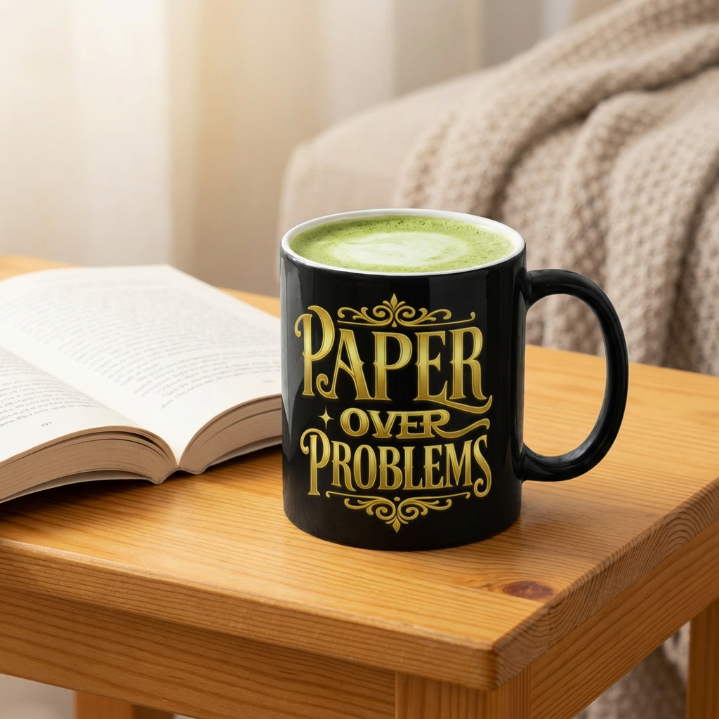 Paper Over Problems 11oz Ceramic Coffee Mug – Gold Lettering on Black, Motivational Office Gift product thumbnail image