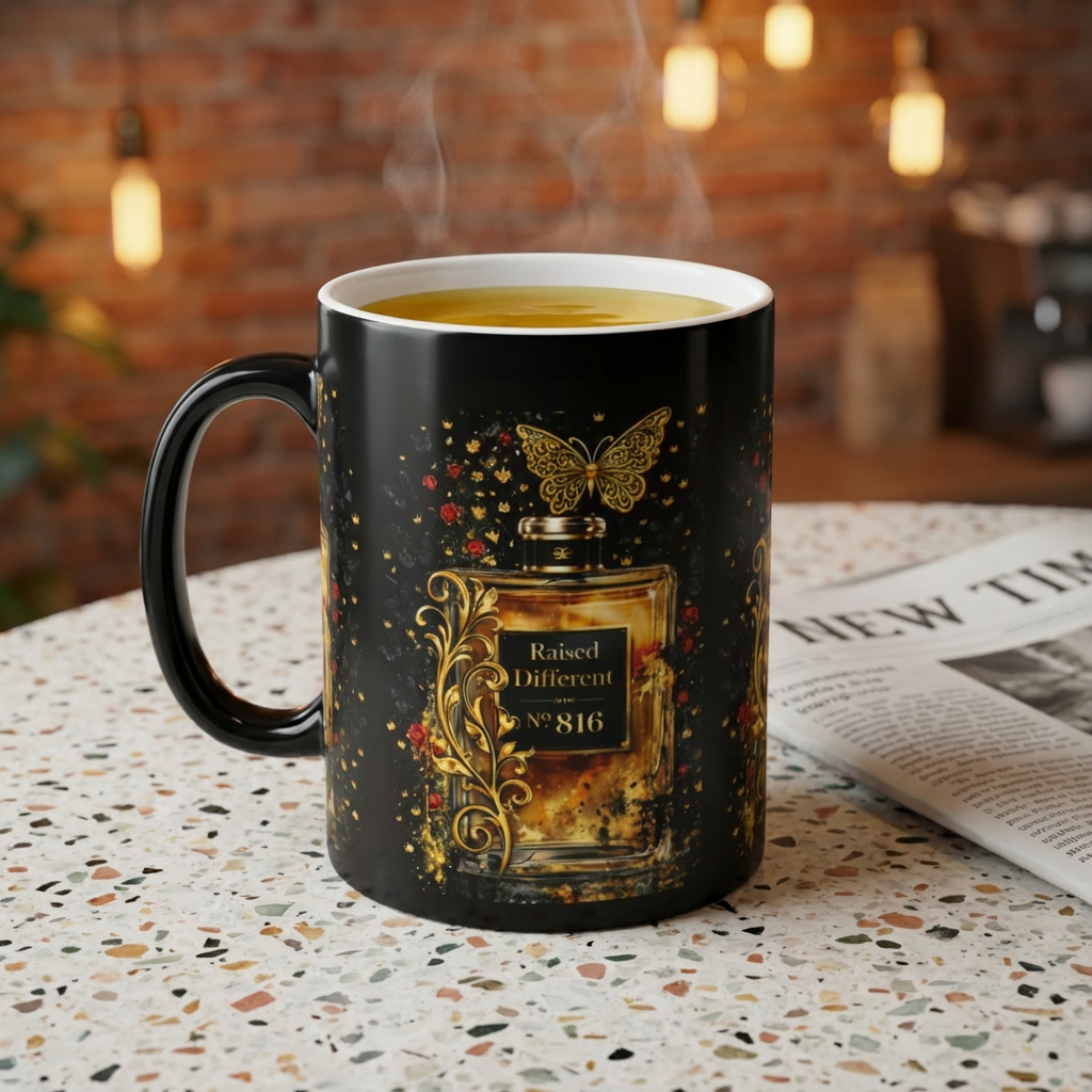 11oz Ceramic Mug — 'Raised Different' Luxury Perfume Bottle Design (Gold Butterfly)