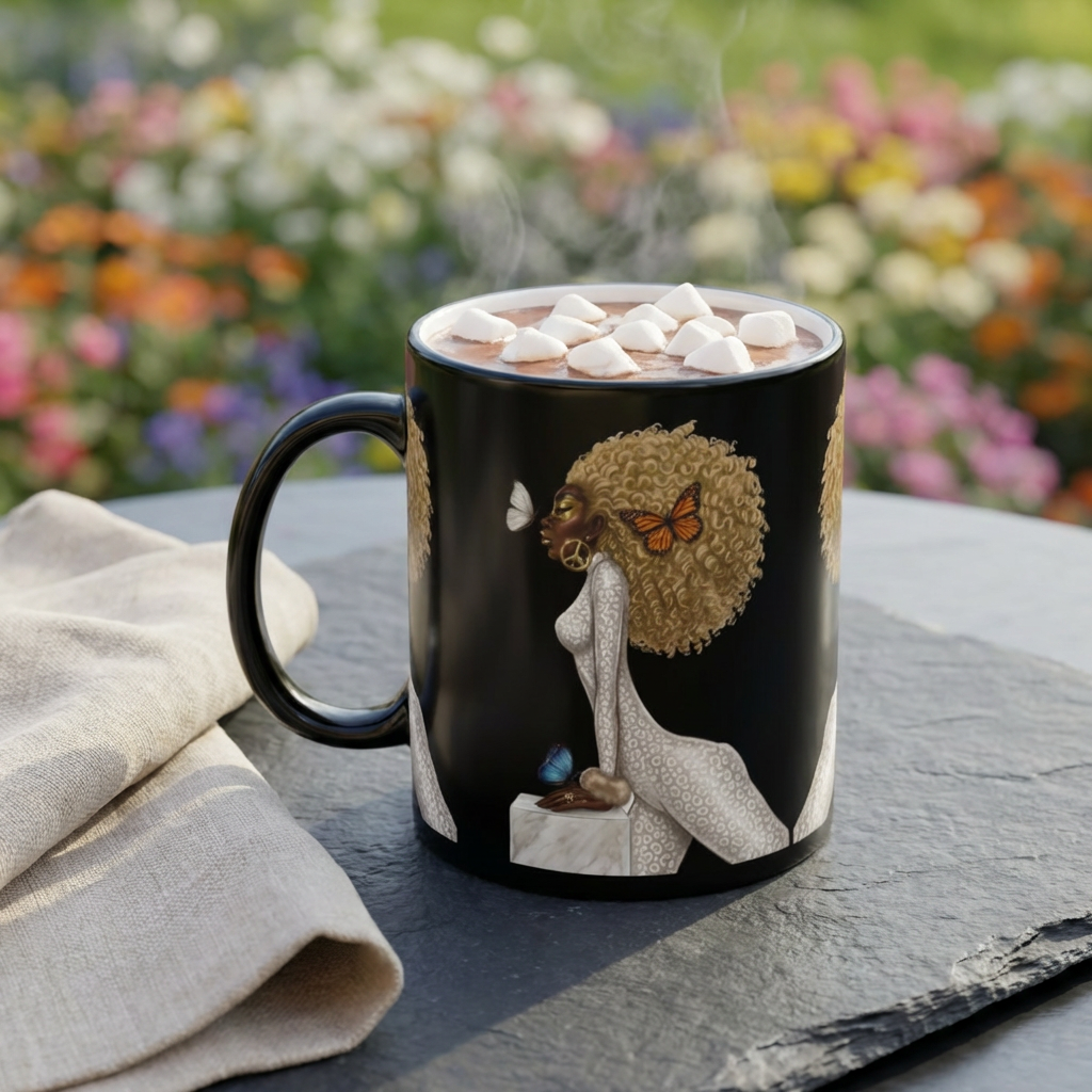 11oz Ceramic Mug — Afro Woman with Butterflies Art product thumbnail image 11oz Ceramic Mug — Afro Woman with Butterflies Art product thumbnail image