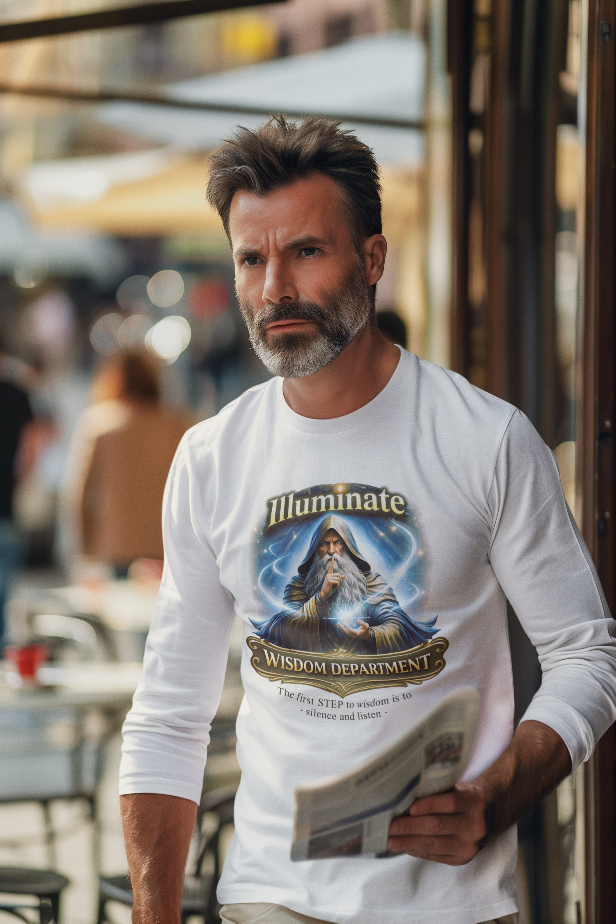 Illuminate Wisdom Dept. Long Sleeve Tee — Wizard Graphic "Illuminate" Shirt product thumbnail image Illuminate Wisdom Dept. Long Sleeve Tee — Wizard Graphic "Illuminate" Shirt product thumbnail image