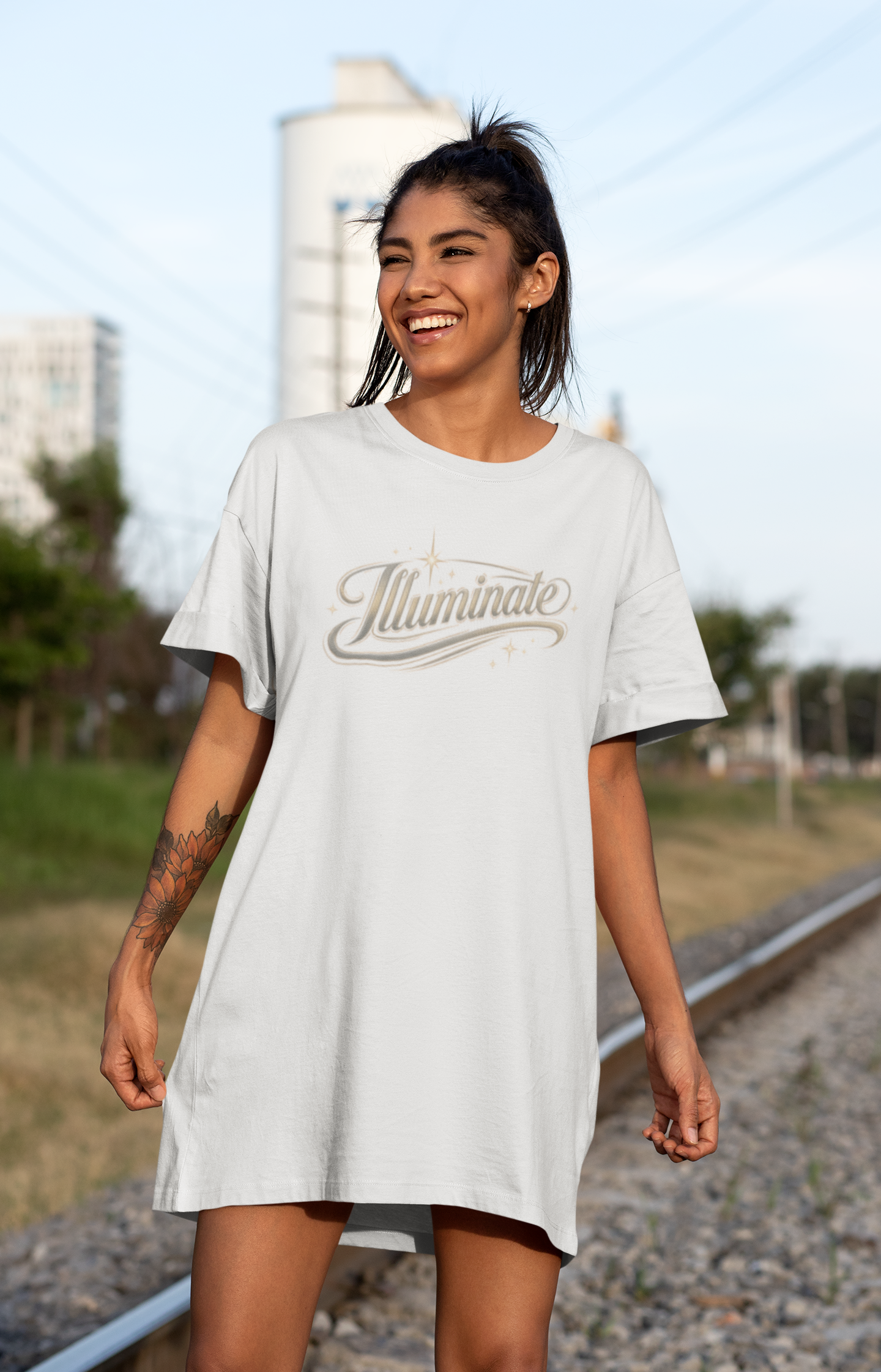 Illuminate Script T-Shirt Dress — Sparkling Gold Typography product thumbnail image Illuminate Script T-Shirt Dress — Sparkling Gold Typography product thumbnail image